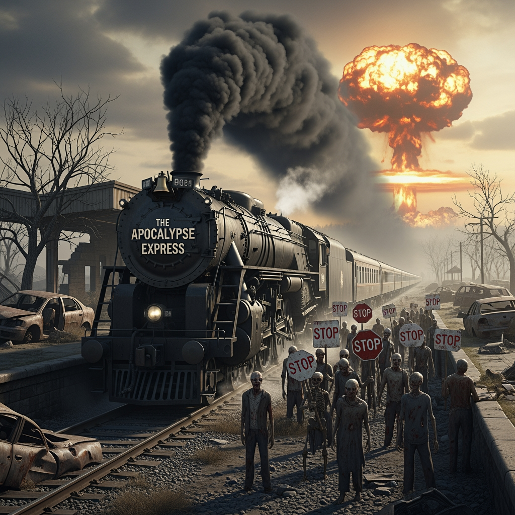 AI Design for A photorealistic image of a steam locomotive viewed from the side, set in an apocalyptic landscape featuring a ruined railway station, wrecked cars, and withered trees. In the distance, the mushroom cloud of a nuclear explosion rises. Endless passenger carriages trail behind the locomotive, and massive smoke billows from its smokestack. Zombies and skeletons stand in front of the engine, holding "STOP" signs.