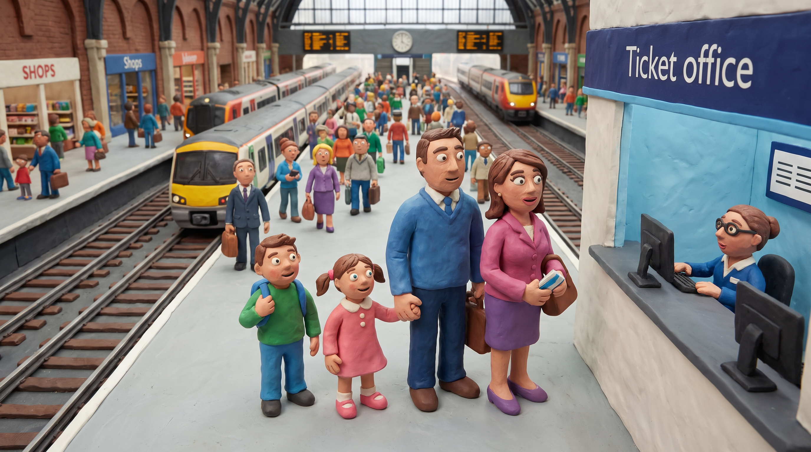 AI Design for Figures and a setting made of modeling clay. The ticket office of a modern railway station. A family is queuing in front of the ticket office, wanting to buy tickets. The family is the focal point, surrounded by the station concourse, which is teeming with people all heading toward the ticket counters. A realistic clay environment and realistic clay figures.
