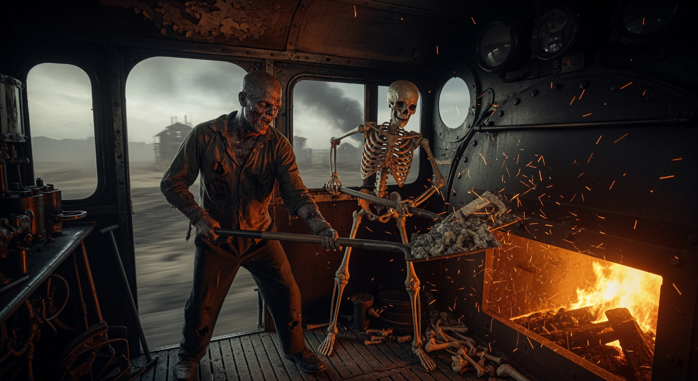 AI Design for Inside a speeding steam locomotive, a zombie and a skeleton are shoveling bones and ash into the firebox. Apocalyptic atmosphere, photorealistic image.
