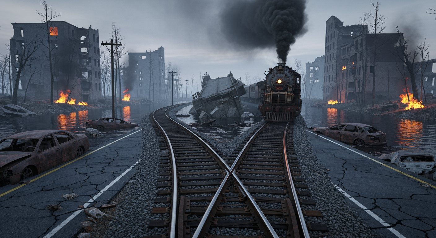 AI Design for A photorealistic image of a post-apocalyptic landscape. Burning, ruined buildings, wrecked cars, withered trees, and a black river. A pair of railway tracks stretches endlessly across the landscape. A steam locomotive, billowing thick smoke, moves toward a collapsed bridge. The tracks split at a broken switch. The main subjects are the bridge and the train.