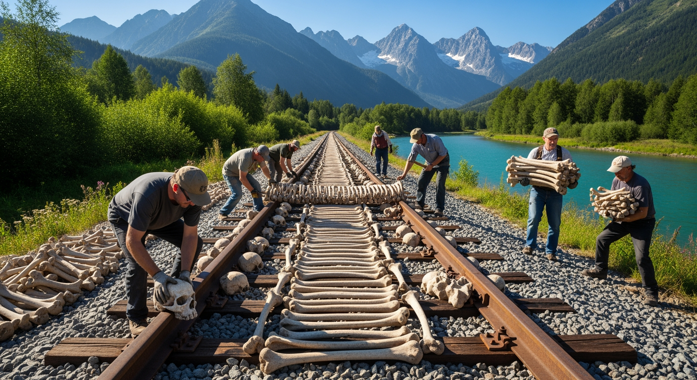 AI Design for A photorealistic image. People are laying tracks, building a railway out of bones. The pair of rails is terrifying and eerie. The setting is idyllic: beautiful mountains, a blue river, and green trees. The construction of the railway is the focal point.