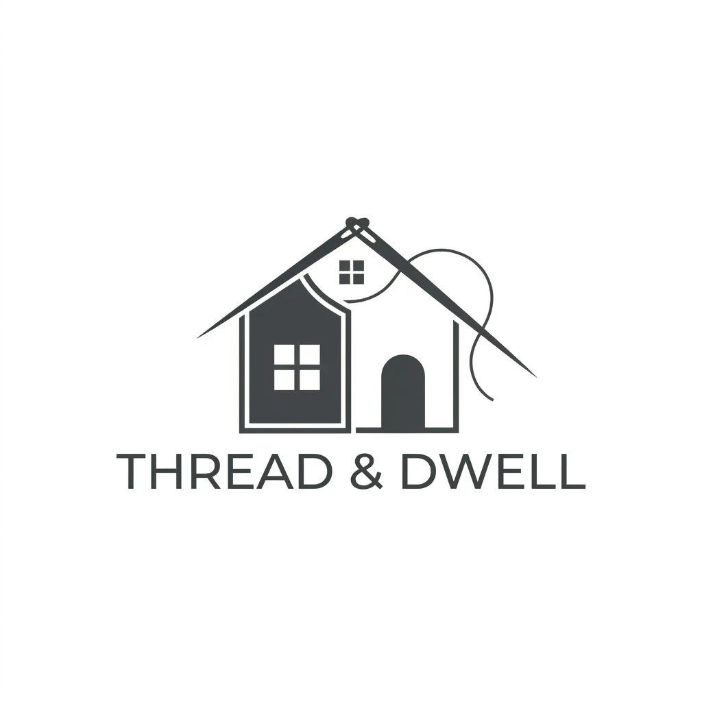 AI Design for A minimalist, modern logo design featuring the silhouette of a house seamlessly integrated with a sewing needle and thread that forms the roofline. The aesthetic is clean, professional, and sophisticated, using a soft monochromatic palette with high-contrast lines on a white background, perfect for a boutique fashion design brand.