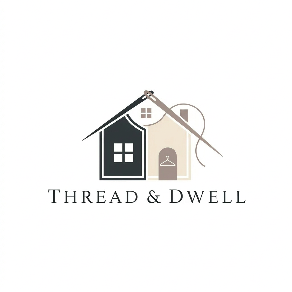 AI Design for A minimalist, modern logo design featuring the silhouette of a house seamlessly integrated with a sewing needle and thread that forms the roofline. The aesthetic is clean, professional, and sophisticated, using a soft monochromatic palette with high-contrast lines on a white background, perfect for a boutique fashion design brand.
