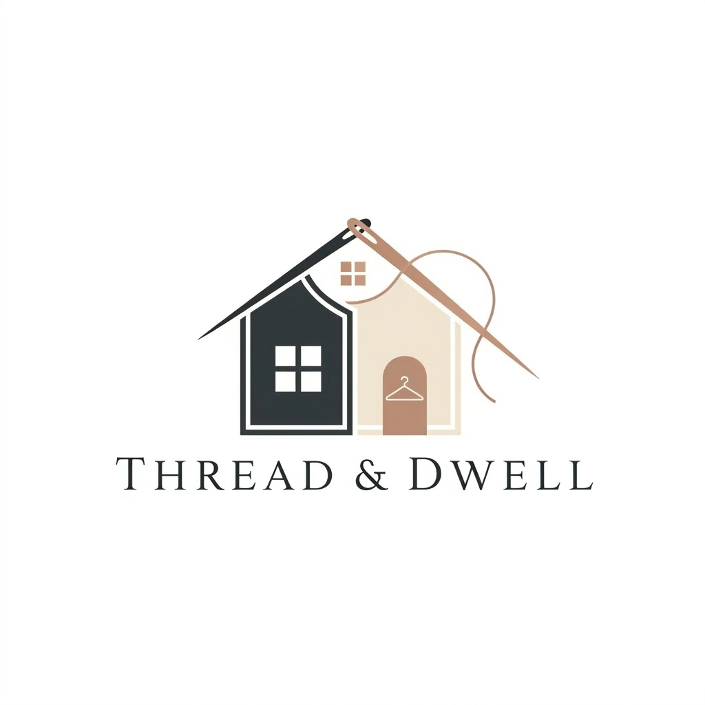 AI Design for A minimalist, modern logo design featuring the silhouette of a house seamlessly integrated with a sewing needle and thread that forms the roofline. The aesthetic is clean, professional, and sophisticated, using a soft monochromatic palette with high-contrast lines on a white background, perfect for a boutique fashion design brand.