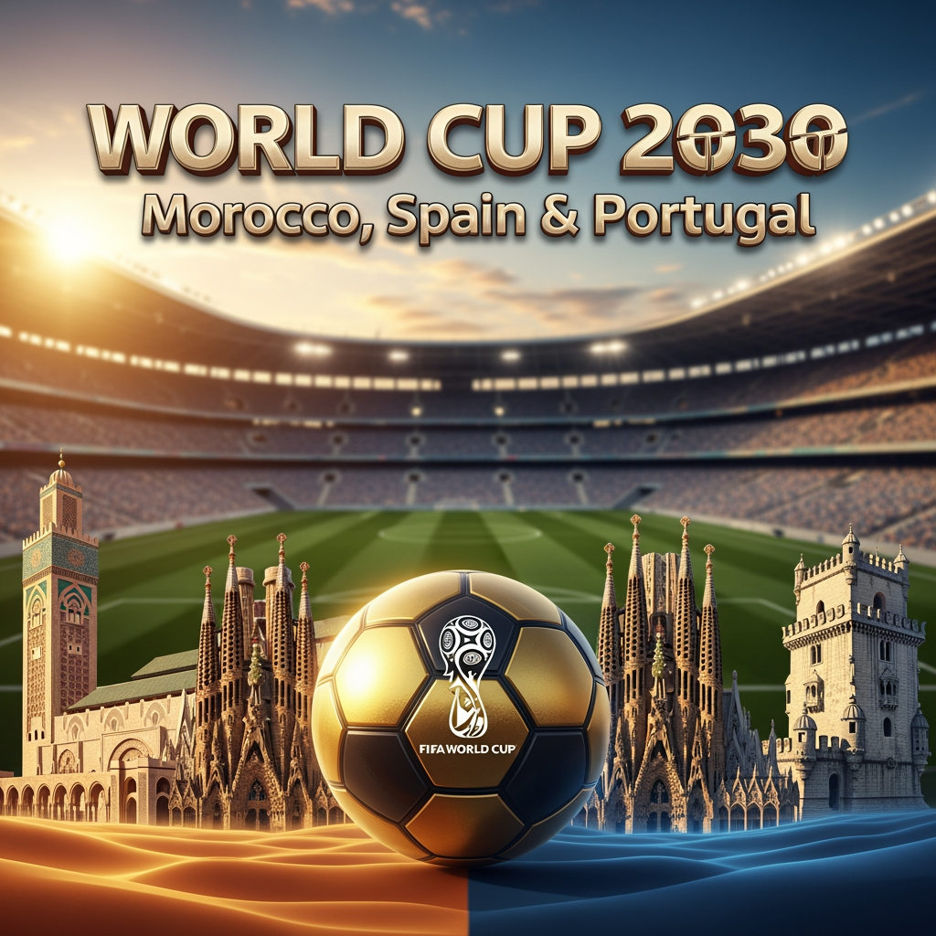 AI Design for creame la portada de un video de youtube de  el mundial 2030  de marruecos españa y portugal