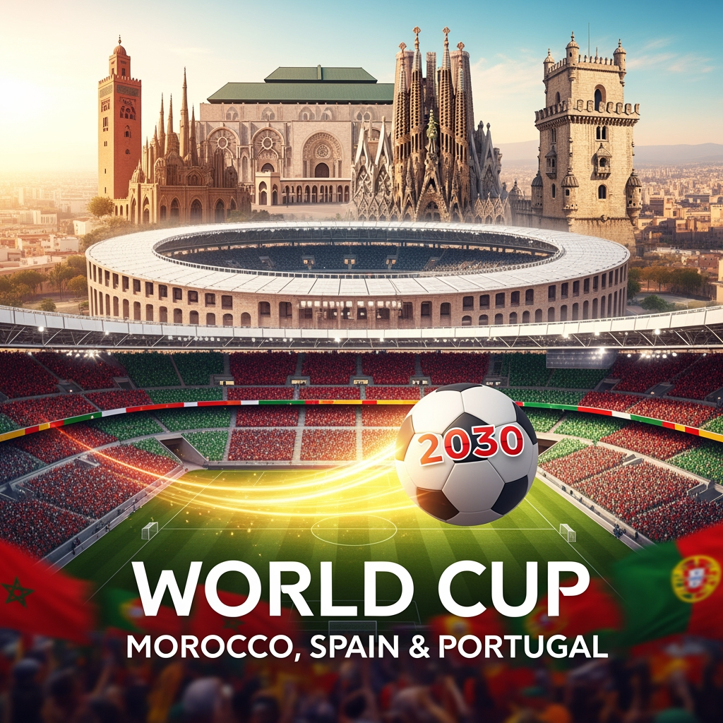 AI Design for creame la portada de un video de youtube de  el mundial 2030  de marruecos españa y portugal