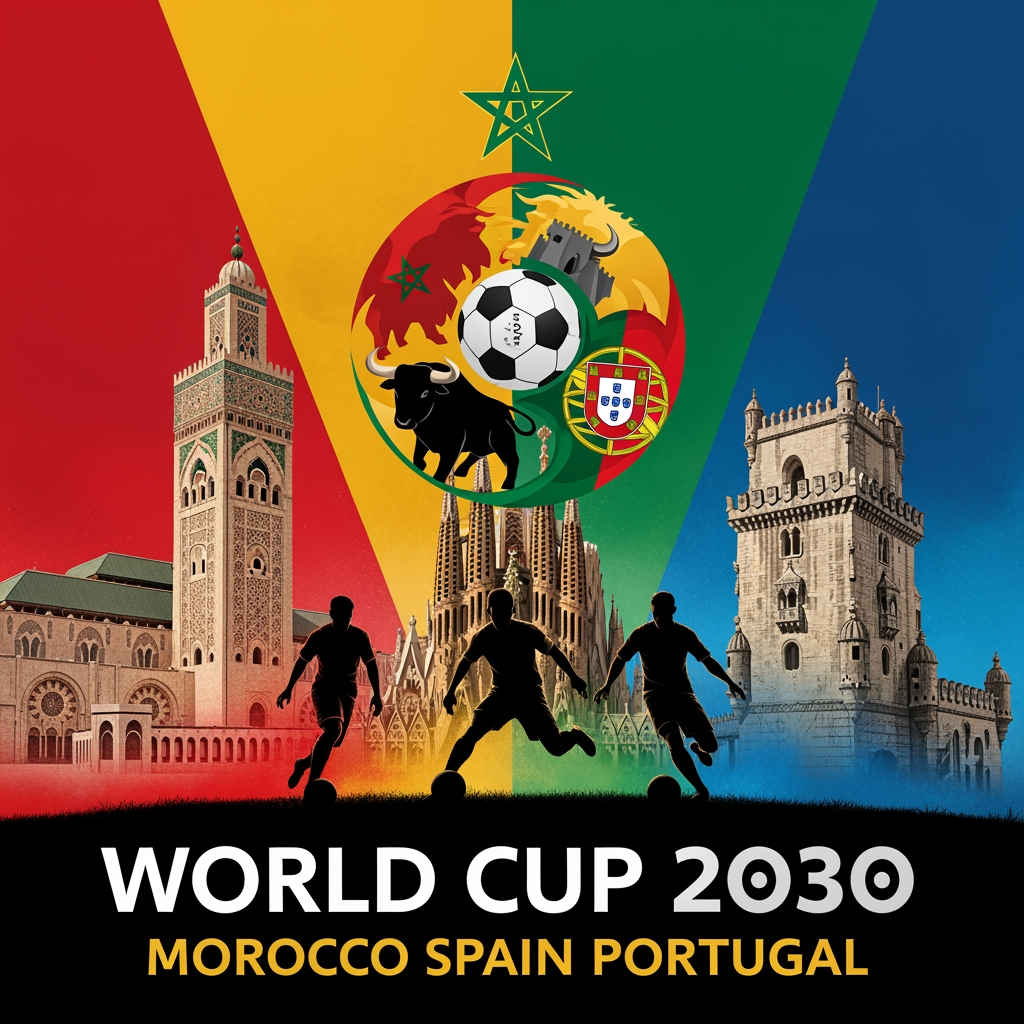 AI Design for creame la portada de un video de youtube de  el mundial 2030  de marruecos españa y portugal