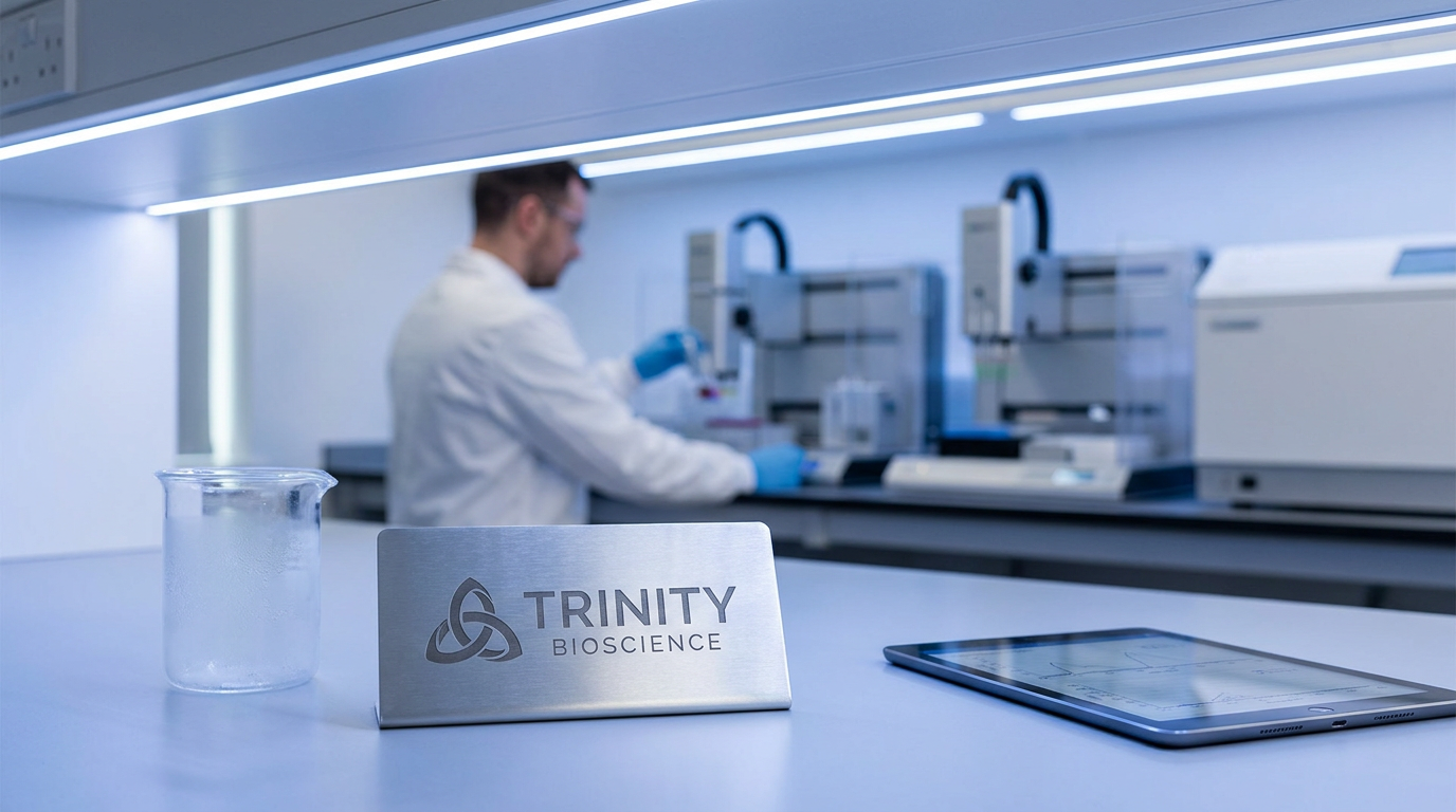AI Design for A high-end, professional branding photography set for {{asset:123}} Trinity Bioscience. The composition features a clean, minimalist laboratory setting with soft, clinical blue and white ambient lighting, highlighting the sleek, modern aesthetic of the brand with crisp textures and high-resolution depth of field.