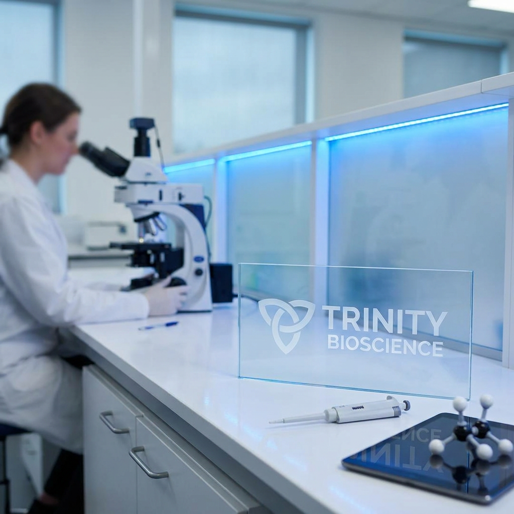 AI Design for A high-end, professional branding photography set for {{asset:123}} Trinity Bioscience. The composition features a clean, minimalist laboratory setting with soft, clinical blue and white ambient lighting, highlighting the sleek, modern aesthetic of the brand with crisp textures and high-resolution depth of field.