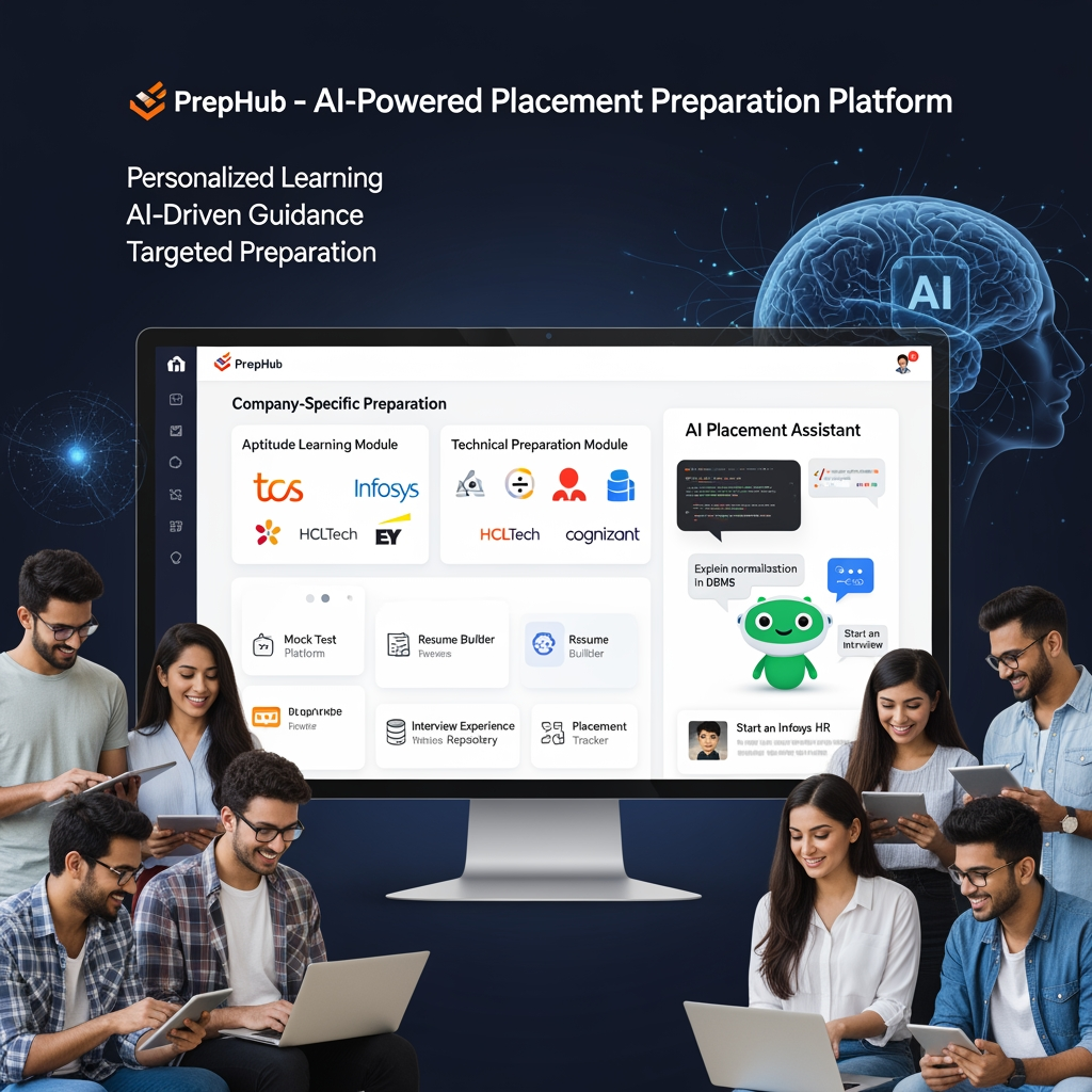 AI Design for # PrepHub – AI-Powered Placement Preparation Platform

## Overview

**PrepHub** is a free AI-powered placement preparation platform designed to help students prepare for campus placements and job recruitment processes based on the specific requirements of individual companies. The platform provides company-focused learning resources, aptitude practice, technical preparation, interview guidance, dress code recommendations, and AI-powered assistance to help students succeed in recruitment drives.

Unlike traditional placement preparation platforms that offer generic content, PrepHub delivers a personalized and company-specific preparation experience. Students can select a company and access all relevant preparation materials, including aptitude questions, technical concepts, interview experiences, mock tests, and hiring guidelines.

The platform aims to bridge the gap between academic learning and industry recruitment expectations by offering structured preparation pathways aligned with the latest hiring patterns of leading companies.

---

# Vision

To become the most trusted and accessible placement preparation platform that empowers students to secure employment opportunities through targeted learning, AI-driven guidance, and company-specific preparation resources.

---

# Mission

* Provide free and accessible placement preparation for all students.
* Deliver company-specific learning content.
* Use AI to offer personalized mentoring and interview practice.
* Help students improve confidence and employability.
* Simplify placement preparation through a single unified platform.

---

# Problem Statement

Students often face several challenges during placement season:

* Lack of company-specific preparation resources.
* Difficulty identifying important topics for different recruiters.
* Limited access to mock interviews and personalized feedback.
* Scattered learning materials across multiple websites.
* Insufficient knowledge of interview etiquette and professional conduct.
* Lack of awareness regarding company recruitment patterns.

PrepHub addresses these challenges by centralizing all placement-related resources into one intelligent platform.

---

# Target Audience

* Engineering Students
* Degree Students
* Final-Year Students
* Fresh Graduates
* Placement Cell Coordinators
* Job Seekers Preparing for Entry-Level Roles

---

# Initial Companies Covered

### Tata Consultancy Services (TCS)

* Aptitude Preparation
* Coding Practice
* Technical Questions
* HR Interview Questions

### Infosys

* Verbal Ability
* Logical Reasoning
* Technical Assessment
* HR Preparation

### HCLTech

* Aptitude Training
* Technical Preparation
* Interview Guidance

### EY (Ernst & Young)

* Aptitude Practice
* Coding Assessment
* Technical and Behavioral Interviews

### Cognizant

* Communication Assessment
* Aptitude Tests
* Technical Interview Preparation

---

# Key Features

## 1. Company-Specific Preparation

Each company has a dedicated preparation dashboard containing:

* Recruitment Process
* Eligibility Criteria
* Assessment Pattern
* Frequently Asked Questions
* Previous Year Questions
* Interview Experiences
* Important Preparation Topics

Students receive focused preparation based on the selected company.

---

## 2. Aptitude Learning Module

The aptitude section covers:

### Quantitative Aptitude

* Number Systems
* Percentages
* Profit and Loss
* Time and Work
* Probability
* Permutations and Combinations

### Logical Reasoning

* Seating Arrangements
* Blood Relations
* Coding-Decoding
* Puzzles
* Syllogisms

### Verbal Ability

* Reading Comprehension
* Grammar
* Vocabulary
* Sentence Correction

Features:

* Topic-wise Practice
* Timed Assessments
* Difficulty Levels
* Performance Tracking

---

## 3. Technical Preparation Module

Students can prepare technical subjects commonly asked during placements.

Topics include:

* C Programming
* C++
* Java
* Python
* Data Structures
* Algorithms
* DBMS
* Operating Systems
* Computer Networks
* SQL
* Object-Oriented Programming

Features:

* Notes
* Practice Questions
* Coding Challenges
* Concept Explanations
* Company-Specific Technical Questions

---

## 4. Interview Preparation Module

### Technical Interview Preparation

Includes:

* Core Subject Questions
* Coding Questions
* Problem-Solving Scenarios

### HR Interview Preparation

Includes:

* Tell Me About Yourself
* Strengths and Weaknesses
* Career Goals
* Teamwork Experiences
* Leadership Questions

### Behavioral Interview Preparation

Includes:

* Situational Questions
* Conflict Resolution
* Communication Assessment

---

## 5. AI Placement Assistant

PrepHub includes an intelligent AI chatbot that acts as a personal placement mentor.

### Features

#### Mentor Mode

Explains concepts and answers doubts.

Example:
"Explain normalization in DBMS."

#### Mock Interview Mode

Conducts realistic technical and HR interviews.

Example:
"Start an Infosys HR interview."

#### Aptitude Trainer

Generates company-specific aptitude questions.

Example:
"Give me 20 TCS aptitude questions."

#### Resume Reviewer

Analyzes resumes and suggests improvements.

#### Study Planner

Creates personalized preparation schedules.

Example:
"Create a 15-day Cognizant preparation plan."

---

## 6. Mock Test Platform

Students can attempt:

* Aptitude Tests
* Technical Tests
* Company-Specific Assessments
* Coding Challenges

Features:

* Time Limits
* Automatic Evaluation
* Score Reports
* Improvement Suggestions

---

## 7. Resume Builder

PrepHub provides an ATS-friendly resume builder.

Features:

* Professional Templates
* Resume Scoring
* Skill Suggestions
* PDF Export
* Resume Review Using AI

---

## 8. Interview Experience Repository

Students can access real interview experiences shared by candidates.

Includes:

* Assessment Experiences
* Technical Interview Experiences
* HR Interview Experiences
* Preparation Tips

This helps students understand actual recruitment expectations.

---

## 9. Placement Tracker

Students can monitor their placement progress.

Stages include:

* Applied
* Assessment Scheduled
* Assessment Cleared
* Technical Interview
* HR Interview
* Offer Received

---

## 10. Daily Challenge System

Every day students receive:

* One Aptitude Question
* One Coding Problem
* One Interview Question

This encourages continuous learning and practice.

---

# Professional Dress Code Guide

PrepHub provides professional appearance guidelines for interviews.

### Male Candidates

Recommended:

* Formal Shirt
* Formal Trousers
* Formal Shoes
* Belt
* Professional Grooming

Avoid:

* Jeans
* T-Shirts
* Sports Shoes
* Casual Accessories

### Female Candidates

Recommended:

* Formal Top or Shirt
* Formal Trousers or Professional Attire
* Closed Footwear
* Professional Appearance

Avoid:

* Casual Wear
* Slippers
* Excessive Accessories

---

# Interview Rules and Best Practices

### Before Interview

* Verify Documents
* Test Camera and Microphone
* Ensure Stable Internet Connection
* Join Early

### During Interview

* Maintain Professionalism
* Speak Clearly
* Listen Carefully
* Answer Confidently

### After Interview

* Thank the Interviewer
* Ask Relevant Questions
* Follow Professional Etiquette

---

# Benefits of PrepHub

* Free Access for Students
* Company-Specific Preparation
* AI-Powered Learning Assistance
* Personalized Interview Practice
* Structured Learning Paths
* Updated Recruitment Information
* Improved Placement Readiness

---

# Future Enhancements

* More Companies
* AI Video Interview Simulator
* Coding Contest Platform
* Placement Analytics Dashboard
* Placement Cell Integration
* Peer Discussion Forums
* Job Notifications
* Industry Skill Certifications

---

# Conclusion

PrepHub is an intelligent placement preparation platform that combines aptitude training, technical learning, interview preparation, AI assistance, resume building, and company-specific guidance into a single ecosystem. By delivering precise and updated preparation resources tailored to individual companies, PrepHub helps students prepare smarter, build confidence, and maximize their chances of securing job offers during campus placements and recruitment drives.
