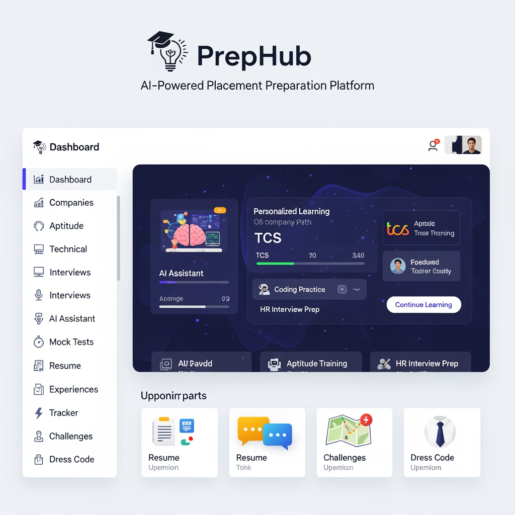 AI Design for # PrepHub – AI-Powered Placement Preparation Platform

## Overview

**PrepHub** is a free AI-powered placement preparation platform designed to help students prepare for campus placements and job recruitment processes based on the specific requirements of individual companies. The platform provides company-focused learning resources, aptitude practice, technical preparation, interview guidance, dress code recommendations, and AI-powered assistance to help students succeed in recruitment drives.

Unlike traditional placement preparation platforms that offer generic content, PrepHub delivers a personalized and company-specific preparation experience. Students can select a company and access all relevant preparation materials, including aptitude questions, technical concepts, interview experiences, mock tests, and hiring guidelines.

The platform aims to bridge the gap between academic learning and industry recruitment expectations by offering structured preparation pathways aligned with the latest hiring patterns of leading companies.

---

# Vision

To become the most trusted and accessible placement preparation platform that empowers students to secure employment opportunities through targeted learning, AI-driven guidance, and company-specific preparation resources.

---

# Mission

* Provide free and accessible placement preparation for all students.
* Deliver company-specific learning content.
* Use AI to offer personalized mentoring and interview practice.
* Help students improve confidence and employability.
* Simplify placement preparation through a single unified platform.

---

# Problem Statement

Students often face several challenges during placement season:

* Lack of company-specific preparation resources.
* Difficulty identifying important topics for different recruiters.
* Limited access to mock interviews and personalized feedback.
* Scattered learning materials across multiple websites.
* Insufficient knowledge of interview etiquette and professional conduct.
* Lack of awareness regarding company recruitment patterns.

PrepHub addresses these challenges by centralizing all placement-related resources into one intelligent platform.

---

# Target Audience

* Engineering Students
* Degree Students
* Final-Year Students
* Fresh Graduates
* Placement Cell Coordinators
* Job Seekers Preparing for Entry-Level Roles

---

# Initial Companies Covered

### Tata Consultancy Services (TCS)

* Aptitude Preparation
* Coding Practice
* Technical Questions
* HR Interview Questions

### Infosys

* Verbal Ability
* Logical Reasoning
* Technical Assessment
* HR Preparation

### HCLTech

* Aptitude Training
* Technical Preparation
* Interview Guidance

### EY (Ernst & Young)

* Aptitude Practice
* Coding Assessment
* Technical and Behavioral Interviews

### Cognizant

* Communication Assessment
* Aptitude Tests
* Technical Interview Preparation

---

# Key Features

## 1. Company-Specific Preparation

Each company has a dedicated preparation dashboard containing:

* Recruitment Process
* Eligibility Criteria
* Assessment Pattern
* Frequently Asked Questions
* Previous Year Questions
* Interview Experiences
* Important Preparation Topics

Students receive focused preparation based on the selected company.

---

## 2. Aptitude Learning Module

The aptitude section covers:

### Quantitative Aptitude

* Number Systems
* Percentages
* Profit and Loss
* Time and Work
* Probability
* Permutations and Combinations

### Logical Reasoning

* Seating Arrangements
* Blood Relations
* Coding-Decoding
* Puzzles
* Syllogisms

### Verbal Ability

* Reading Comprehension
* Grammar
* Vocabulary
* Sentence Correction

Features:

* Topic-wise Practice
* Timed Assessments
* Difficulty Levels
* Performance Tracking

---

## 3. Technical Preparation Module

Students can prepare technical subjects commonly asked during placements.

Topics include:

* C Programming
* C++
* Java
* Python
* Data Structures
* Algorithms
* DBMS
* Operating Systems
* Computer Networks
* SQL
* Object-Oriented Programming

Features:

* Notes
* Practice Questions
* Coding Challenges
* Concept Explanations
* Company-Specific Technical Questions

---

## 4. Interview Preparation Module

### Technical Interview Preparation

Includes:

* Core Subject Questions
* Coding Questions
* Problem-Solving Scenarios

### HR Interview Preparation

Includes:

* Tell Me About Yourself
* Strengths and Weaknesses
* Career Goals
* Teamwork Experiences
* Leadership Questions

### Behavioral Interview Preparation

Includes:

* Situational Questions
* Conflict Resolution
* Communication Assessment

---

## 5. AI Placement Assistant

PrepHub includes an intelligent AI chatbot that acts as a personal placement mentor.

### Features

#### Mentor Mode

Explains concepts and answers doubts.

Example:
"Explain normalization in DBMS."

#### Mock Interview Mode

Conducts realistic technical and HR interviews.

Example:
"Start an Infosys HR interview."

#### Aptitude Trainer

Generates company-specific aptitude questions.

Example:
"Give me 20 TCS aptitude questions."

#### Resume Reviewer

Analyzes resumes and suggests improvements.

#### Study Planner

Creates personalized preparation schedules.

Example:
"Create a 15-day Cognizant preparation plan."

---

## 6. Mock Test Platform

Students can attempt:

* Aptitude Tests
* Technical Tests
* Company-Specific Assessments
* Coding Challenges

Features:

* Time Limits
* Automatic Evaluation
* Score Reports
* Improvement Suggestions

---

## 7. Resume Builder

PrepHub provides an ATS-friendly resume builder.

Features:

* Professional Templates
* Resume Scoring
* Skill Suggestions
* PDF Export
* Resume Review Using AI

---

## 8. Interview Experience Repository

Students can access real interview experiences shared by candidates.

Includes:

* Assessment Experiences
* Technical Interview Experiences
* HR Interview Experiences
* Preparation Tips

This helps students understand actual recruitment expectations.

---

## 9. Placement Tracker

Students can monitor their placement progress.

Stages include:

* Applied
* Assessment Scheduled
* Assessment Cleared
* Technical Interview
* HR Interview
* Offer Received

---

## 10. Daily Challenge System

Every day students receive:

* One Aptitude Question
* One Coding Problem
* One Interview Question

This encourages continuous learning and practice.

---

# Professional Dress Code Guide

PrepHub provides professional appearance guidelines for interviews.

### Male Candidates

Recommended:

* Formal Shirt
* Formal Trousers
* Formal Shoes
* Belt
* Professional Grooming

Avoid:

* Jeans
* T-Shirts
* Sports Shoes
* Casual Accessories

### Female Candidates

Recommended:

* Formal Top or Shirt
* Formal Trousers or Professional Attire
* Closed Footwear
* Professional Appearance

Avoid:

* Casual Wear
* Slippers
* Excessive Accessories

---

# Interview Rules and Best Practices

### Before Interview

* Verify Documents
* Test Camera and Microphone
* Ensure Stable Internet Connection
* Join Early

### During Interview

* Maintain Professionalism
* Speak Clearly
* Listen Carefully
* Answer Confidently

### After Interview

* Thank the Interviewer
* Ask Relevant Questions
* Follow Professional Etiquette

---

# Benefits of PrepHub

* Free Access for Students
* Company-Specific Preparation
* AI-Powered Learning Assistance
* Personalized Interview Practice
* Structured Learning Paths
* Updated Recruitment Information
* Improved Placement Readiness

---

# Future Enhancements

* More Companies
* AI Video Interview Simulator
* Coding Contest Platform
* Placement Analytics Dashboard
* Placement Cell Integration
* Peer Discussion Forums
* Job Notifications
* Industry Skill Certifications

---

# Conclusion

PrepHub is an intelligent placement preparation platform that combines aptitude training, technical learning, interview preparation, AI assistance, resume building, and company-specific guidance into a single ecosystem. By delivering precise and updated preparation resources tailored to individual companies, PrepHub helps students prepare smarter, build confidence, and maximize their chances of securing job offers during campus placements and recruitment drives.