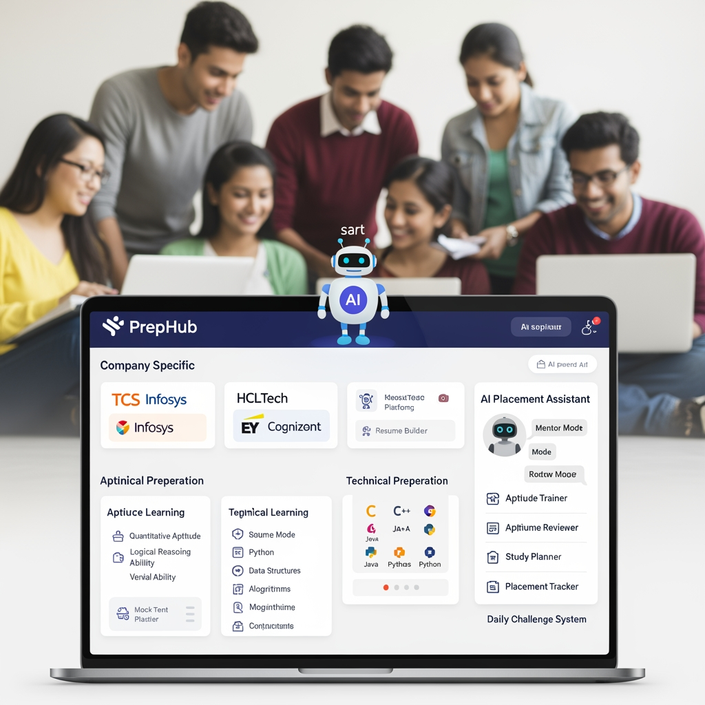 AI Design for # PrepHub – AI-Powered Placement Preparation Platform

## Overview

**PrepHub** is a free AI-powered placement preparation platform designed to help students prepare for campus placements and job recruitment processes based on the specific requirements of individual companies. The platform provides company-focused learning resources, aptitude practice, technical preparation, interview guidance, dress code recommendations, and AI-powered assistance to help students succeed in recruitment drives.

Unlike traditional placement preparation platforms that offer generic content, PrepHub delivers a personalized and company-specific preparation experience. Students can select a company and access all relevant preparation materials, including aptitude questions, technical concepts, interview experiences, mock tests, and hiring guidelines.

The platform aims to bridge the gap between academic learning and industry recruitment expectations by offering structured preparation pathways aligned with the latest hiring patterns of leading companies.

---

# Vision

To become the most trusted and accessible placement preparation platform that empowers students to secure employment opportunities through targeted learning, AI-driven guidance, and company-specific preparation resources.

---

# Mission

* Provide free and accessible placement preparation for all students.
* Deliver company-specific learning content.
* Use AI to offer personalized mentoring and interview practice.
* Help students improve confidence and employability.
* Simplify placement preparation through a single unified platform.

---

# Problem Statement

Students often face several challenges during placement season:

* Lack of company-specific preparation resources.
* Difficulty identifying important topics for different recruiters.
* Limited access to mock interviews and personalized feedback.
* Scattered learning materials across multiple websites.
* Insufficient knowledge of interview etiquette and professional conduct.
* Lack of awareness regarding company recruitment patterns.

PrepHub addresses these challenges by centralizing all placement-related resources into one intelligent platform.

---

# Target Audience

* Engineering Students
* Degree Students
* Final-Year Students
* Fresh Graduates
* Placement Cell Coordinators
* Job Seekers Preparing for Entry-Level Roles

---

# Initial Companies Covered

### Tata Consultancy Services (TCS)

* Aptitude Preparation
* Coding Practice
* Technical Questions
* HR Interview Questions

### Infosys

* Verbal Ability
* Logical Reasoning
* Technical Assessment
* HR Preparation

### HCLTech

* Aptitude Training
* Technical Preparation
* Interview Guidance

### EY (Ernst & Young)

* Aptitude Practice
* Coding Assessment
* Technical and Behavioral Interviews

### Cognizant

* Communication Assessment
* Aptitude Tests
* Technical Interview Preparation

---

# Key Features

## 1. Company-Specific Preparation

Each company has a dedicated preparation dashboard containing:

* Recruitment Process
* Eligibility Criteria
* Assessment Pattern
* Frequently Asked Questions
* Previous Year Questions
* Interview Experiences
* Important Preparation Topics

Students receive focused preparation based on the selected company.

---

## 2. Aptitude Learning Module

The aptitude section covers:

### Quantitative Aptitude

* Number Systems
* Percentages
* Profit and Loss
* Time and Work
* Probability
* Permutations and Combinations

### Logical Reasoning

* Seating Arrangements
* Blood Relations
* Coding-Decoding
* Puzzles
* Syllogisms

### Verbal Ability

* Reading Comprehension
* Grammar
* Vocabulary
* Sentence Correction

Features:

* Topic-wise Practice
* Timed Assessments
* Difficulty Levels
* Performance Tracking

---

## 3. Technical Preparation Module

Students can prepare technical subjects commonly asked during placements.

Topics include:

* C Programming
* C++
* Java
* Python
* Data Structures
* Algorithms
* DBMS
* Operating Systems
* Computer Networks
* SQL
* Object-Oriented Programming

Features:

* Notes
* Practice Questions
* Coding Challenges
* Concept Explanations
* Company-Specific Technical Questions

---

## 4. Interview Preparation Module

### Technical Interview Preparation

Includes:

* Core Subject Questions
* Coding Questions
* Problem-Solving Scenarios

### HR Interview Preparation

Includes:

* Tell Me About Yourself
* Strengths and Weaknesses
* Career Goals
* Teamwork Experiences
* Leadership Questions

### Behavioral Interview Preparation

Includes:

* Situational Questions
* Conflict Resolution
* Communication Assessment

---

## 5. AI Placement Assistant

PrepHub includes an intelligent AI chatbot that acts as a personal placement mentor.

### Features

#### Mentor Mode

Explains concepts and answers doubts.

Example:
"Explain normalization in DBMS."

#### Mock Interview Mode

Conducts realistic technical and HR interviews.

Example:
"Start an Infosys HR interview."

#### Aptitude Trainer

Generates company-specific aptitude questions.

Example:
"Give me 20 TCS aptitude questions."

#### Resume Reviewer

Analyzes resumes and suggests improvements.

#### Study Planner

Creates personalized preparation schedules.

Example:
"Create a 15-day Cognizant preparation plan."

---

## 6. Mock Test Platform

Students can attempt:

* Aptitude Tests
* Technical Tests
* Company-Specific Assessments
* Coding Challenges

Features:

* Time Limits
* Automatic Evaluation
* Score Reports
* Improvement Suggestions

---

## 7. Resume Builder

PrepHub provides an ATS-friendly resume builder.

Features:

* Professional Templates
* Resume Scoring
* Skill Suggestions
* PDF Export
* Resume Review Using AI

---

## 8. Interview Experience Repository

Students can access real interview experiences shared by candidates.

Includes:

* Assessment Experiences
* Technical Interview Experiences
* HR Interview Experiences
* Preparation Tips

This helps students understand actual recruitment expectations.

---

## 9. Placement Tracker

Students can monitor their placement progress.

Stages include:

* Applied
* Assessment Scheduled
* Assessment Cleared
* Technical Interview
* HR Interview
* Offer Received

---

## 10. Daily Challenge System

Every day students receive:

* One Aptitude Question
* One Coding Problem
* One Interview Question

This encourages continuous learning and practice.

---

# Professional Dress Code Guide

PrepHub provides professional appearance guidelines for interviews.

### Male Candidates

Recommended:

* Formal Shirt
* Formal Trousers
* Formal Shoes
* Belt
* Professional Grooming

Avoid:

* Jeans
* T-Shirts
* Sports Shoes
* Casual Accessories

### Female Candidates

Recommended:

* Formal Top or Shirt
* Formal Trousers or Professional Attire
* Closed Footwear
* Professional Appearance

Avoid:

* Casual Wear
* Slippers
* Excessive Accessories

---

# Interview Rules and Best Practices

### Before Interview

* Verify Documents
* Test Camera and Microphone
* Ensure Stable Internet Connection
* Join Early

### During Interview

* Maintain Professionalism
* Speak Clearly
* Listen Carefully
* Answer Confidently

### After Interview

* Thank the Interviewer
* Ask Relevant Questions
* Follow Professional Etiquette

---

# Benefits of PrepHub

* Free Access for Students
* Company-Specific Preparation
* AI-Powered Learning Assistance
* Personalized Interview Practice
* Structured Learning Paths
* Updated Recruitment Information
* Improved Placement Readiness

---

# Future Enhancements

* More Companies
* AI Video Interview Simulator
* Coding Contest Platform
* Placement Analytics Dashboard
* Placement Cell Integration
* Peer Discussion Forums
* Job Notifications
* Industry Skill Certifications

---

# Conclusion

PrepHub is an intelligent placement preparation platform that combines aptitude training, technical learning, interview preparation, AI assistance, resume building, and company-specific guidance into a single ecosystem. By delivering precise and updated preparation resources tailored to individual companies, PrepHub helps students prepare smarter, build confidence, and maximize their chances of securing job offers during campus placements and recruitment drives.