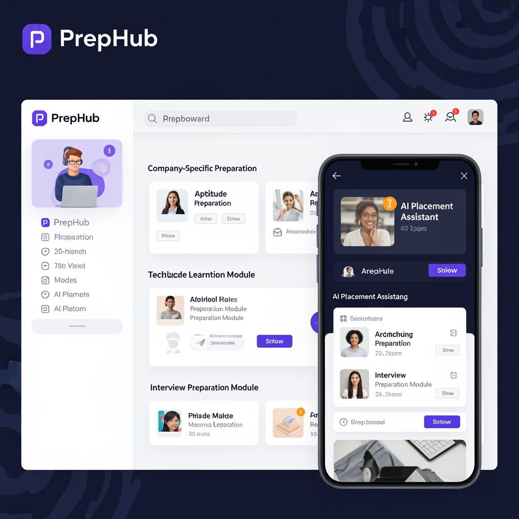 AI Design for # PrepHub – AI-Powered Placement Preparation Platform

## Overview

**PrepHub** is a free AI-powered placement preparation platform designed to help students prepare for campus placements and job recruitment processes based on the specific requirements of individual companies. The platform provides company-focused learning resources, aptitude practice, technical preparation, interview guidance, dress code recommendations, and AI-powered assistance to help students succeed in recruitment drives.

Unlike traditional placement preparation platforms that offer generic content, PrepHub delivers a personalized and company-specific preparation experience. Students can select a company and access all relevant preparation materials, including aptitude questions, technical concepts, interview experiences, mock tests, and hiring guidelines.

The platform aims to bridge the gap between academic learning and industry recruitment expectations by offering structured preparation pathways aligned with the latest hiring patterns of leading companies.

---

# Vision

To become the most trusted and accessible placement preparation platform that empowers students to secure employment opportunities through targeted learning, AI-driven guidance, and company-specific preparation resources.

---

# Mission

* Provide free and accessible placement preparation for all students.
* Deliver company-specific learning content.
* Use AI to offer personalized mentoring and interview practice.
* Help students improve confidence and employability.
* Simplify placement preparation through a single unified platform.

---

# Problem Statement

Students often face several challenges during placement season:

* Lack of company-specific preparation resources.
* Difficulty identifying important topics for different recruiters.
* Limited access to mock interviews and personalized feedback.
* Scattered learning materials across multiple websites.
* Insufficient knowledge of interview etiquette and professional conduct.
* Lack of awareness regarding company recruitment patterns.

PrepHub addresses these challenges by centralizing all placement-related resources into one intelligent platform.

---

# Target Audience

* Engineering Students
* Degree Students
* Final-Year Students
* Fresh Graduates
* Placement Cell Coordinators
* Job Seekers Preparing for Entry-Level Roles

---

# Initial Companies Covered

### Tata Consultancy Services (TCS)

* Aptitude Preparation
* Coding Practice
* Technical Questions
* HR Interview Questions

### Infosys

* Verbal Ability
* Logical Reasoning
* Technical Assessment
* HR Preparation

### HCLTech

* Aptitude Training
* Technical Preparation
* Interview Guidance

### EY (Ernst & Young)

* Aptitude Practice
* Coding Assessment
* Technical and Behavioral Interviews

### Cognizant

* Communication Assessment
* Aptitude Tests
* Technical Interview Preparation

---

# Key Features

## 1. Company-Specific Preparation

Each company has a dedicated preparation dashboard containing:

* Recruitment Process
* Eligibility Criteria
* Assessment Pattern
* Frequently Asked Questions
* Previous Year Questions
* Interview Experiences
* Important Preparation Topics

Students receive focused preparation based on the selected company.

---

## 2. Aptitude Learning Module

The aptitude section covers:

### Quantitative Aptitude

* Number Systems
* Percentages
* Profit and Loss
* Time and Work
* Probability
* Permutations and Combinations

### Logical Reasoning

* Seating Arrangements
* Blood Relations
* Coding-Decoding
* Puzzles
* Syllogisms

### Verbal Ability

* Reading Comprehension
* Grammar
* Vocabulary
* Sentence Correction

Features:

* Topic-wise Practice
* Timed Assessments
* Difficulty Levels
* Performance Tracking

---

## 3. Technical Preparation Module

Students can prepare technical subjects commonly asked during placements.

Topics include:

* C Programming
* C++
* Java
* Python
* Data Structures
* Algorithms
* DBMS
* Operating Systems
* Computer Networks
* SQL
* Object-Oriented Programming

Features:

* Notes
* Practice Questions
* Coding Challenges
* Concept Explanations
* Company-Specific Technical Questions

---

## 4. Interview Preparation Module

### Technical Interview Preparation

Includes:

* Core Subject Questions
* Coding Questions
* Problem-Solving Scenarios

### HR Interview Preparation

Includes:

* Tell Me About Yourself
* Strengths and Weaknesses
* Career Goals
* Teamwork Experiences
* Leadership Questions

### Behavioral Interview Preparation

Includes:

* Situational Questions
* Conflict Resolution
* Communication Assessment

---

## 5. AI Placement Assistant

PrepHub includes an intelligent AI chatbot that acts as a personal placement mentor.

### Features

#### Mentor Mode

Explains concepts and answers doubts.

Example:
"Explain normalization in DBMS."

#### Mock Interview Mode

Conducts realistic technical and HR interviews.

Example:
"Start an Infosys HR interview."

#### Aptitude Trainer

Generates company-specific aptitude questions.

Example:
"Give me 20 TCS aptitude questions."

#### Resume Reviewer

Analyzes resumes and suggests improvements.

#### Study Planner

Creates personalized preparation schedules.

Example:
"Create a 15-day Cognizant preparation plan."

---

## 6. Mock Test Platform

Students can attempt:

* Aptitude Tests
* Technical Tests
* Company-Specific Assessments
* Coding Challenges

Features:

* Time Limits
* Automatic Evaluation
* Score Reports
* Improvement Suggestions

---

## 7. Resume Builder

PrepHub provides an ATS-friendly resume builder.

Features:

* Professional Templates
* Resume Scoring
* Skill Suggestions
* PDF Export
* Resume Review Using AI

---

## 8. Interview Experience Repository

Students can access real interview experiences shared by candidates.

Includes:

* Assessment Experiences
* Technical Interview Experiences
* HR Interview Experiences
* Preparation Tips

This helps students understand actual recruitment expectations.

---

## 9. Placement Tracker

Students can monitor their placement progress.

Stages include:

* Applied
* Assessment Scheduled
* Assessment Cleared
* Technical Interview
* HR Interview
* Offer Received

---

## 10. Daily Challenge System

Every day students receive:

* One Aptitude Question
* One Coding Problem
* One Interview Question

This encourages continuous learning and practice.

---

# Professional Dress Code Guide

PrepHub provides professional appearance guidelines for interviews.

### Male Candidates

Recommended:

* Formal Shirt
* Formal Trousers
* Formal Shoes
* Belt
* Professional Grooming

Avoid:

* Jeans
* T-Shirts
* Sports Shoes
* Casual Accessories

### Female Candidates

Recommended:

* Formal Top or Shirt
* Formal Trousers or Professional Attire
* Closed Footwear
* Professional Appearance

Avoid:

* Casual Wear
* Slippers
* Excessive Accessories

---

# Interview Rules and Best Practices

### Before Interview

* Verify Documents
* Test Camera and Microphone
* Ensure Stable Internet Connection
* Join Early

### During Interview

* Maintain Professionalism
* Speak Clearly
* Listen Carefully
* Answer Confidently

### After Interview

* Thank the Interviewer
* Ask Relevant Questions
* Follow Professional Etiquette

---

# Benefits of PrepHub

* Free Access for Students
* Company-Specific Preparation
* AI-Powered Learning Assistance
* Personalized Interview Practice
* Structured Learning Paths
* Updated Recruitment Information
* Improved Placement Readiness

---

# Future Enhancements

* More Companies
* AI Video Interview Simulator
* Coding Contest Platform
* Placement Analytics Dashboard
* Placement Cell Integration
* Peer Discussion Forums
* Job Notifications
* Industry Skill Certifications

---

# Conclusion

PrepHub is an intelligent placement preparation platform that combines aptitude training, technical learning, interview preparation, AI assistance, resume building, and company-specific guidance into a single ecosystem. By delivering precise and updated preparation resources tailored to individual companies, PrepHub helps students prepare smarter, build confidence, and maximize their chances of securing job offers during campus placements and recruitment drives.