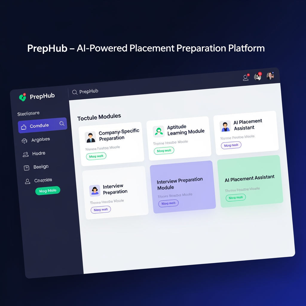 AI Design for # PrepHub – AI-Powered Placement Preparation Platform

## Overview

**PrepHub** is a free AI-powered placement preparation platform designed to help students prepare for campus placements and job recruitment processes based on the specific requirements of individual companies. The platform provides company-focused learning resources, aptitude practice, technical preparation, interview guidance, dress code recommendations, and AI-powered assistance to help students succeed in recruitment drives.

Unlike traditional placement preparation platforms that offer generic content, PrepHub delivers a personalized and company-specific preparation experience. Students can select a company and access all relevant preparation materials, including aptitude questions, technical concepts, interview experiences, mock tests, and hiring guidelines.

The platform aims to bridge the gap between academic learning and industry recruitment expectations by offering structured preparation pathways aligned with the latest hiring patterns of leading companies.

---

# Vision

To become the most trusted and accessible placement preparation platform that empowers students to secure employment opportunities through targeted learning, AI-driven guidance, and company-specific preparation resources.

---

# Mission

* Provide free and accessible placement preparation for all students.
* Deliver company-specific learning content.
* Use AI to offer personalized mentoring and interview practice.
* Help students improve confidence and employability.
* Simplify placement preparation through a single unified platform.

---

# Problem Statement

Students often face several challenges during placement season:

* Lack of company-specific preparation resources.
* Difficulty identifying important topics for different recruiters.
* Limited access to mock interviews and personalized feedback.
* Scattered learning materials across multiple websites.
* Insufficient knowledge of interview etiquette and professional conduct.
* Lack of awareness regarding company recruitment patterns.

PrepHub addresses these challenges by centralizing all placement-related resources into one intelligent platform.

---

# Target Audience

* Engineering Students
* Degree Students
* Final-Year Students
* Fresh Graduates
* Placement Cell Coordinators
* Job Seekers Preparing for Entry-Level Roles

---

# Initial Companies Covered

### Tata Consultancy Services (TCS)

* Aptitude Preparation
* Coding Practice
* Technical Questions
* HR Interview Questions

### Infosys

* Verbal Ability
* Logical Reasoning
* Technical Assessment
* HR Preparation

### HCLTech

* Aptitude Training
* Technical Preparation
* Interview Guidance

### EY (Ernst & Young)

* Aptitude Practice
* Coding Assessment
* Technical and Behavioral Interviews

### Cognizant

* Communication Assessment
* Aptitude Tests
* Technical Interview Preparation

---

# Key Features

## 1. Company-Specific Preparation

Each company has a dedicated preparation dashboard containing:

* Recruitment Process
* Eligibility Criteria
* Assessment Pattern
* Frequently Asked Questions
* Previous Year Questions
* Interview Experiences
* Important Preparation Topics

Students receive focused preparation based on the selected company.

---

## 2. Aptitude Learning Module

The aptitude section covers:

### Quantitative Aptitude

* Number Systems
* Percentages
* Profit and Loss
* Time and Work
* Probability
* Permutations and Combinations

### Logical Reasoning

* Seating Arrangements
* Blood Relations
* Coding-Decoding
* Puzzles
* Syllogisms

### Verbal Ability

* Reading Comprehension
* Grammar
* Vocabulary
* Sentence Correction

Features:

* Topic-wise Practice
* Timed Assessments
* Difficulty Levels
* Performance Tracking

---

## 3. Technical Preparation Module

Students can prepare technical subjects commonly asked during placements.

Topics include:

* C Programming
* C++
* Java
* Python
* Data Structures
* Algorithms
* DBMS
* Operating Systems
* Computer Networks
* SQL
* Object-Oriented Programming

Features:

* Notes
* Practice Questions
* Coding Challenges
* Concept Explanations
* Company-Specific Technical Questions

---

## 4. Interview Preparation Module

### Technical Interview Preparation

Includes:

* Core Subject Questions
* Coding Questions
* Problem-Solving Scenarios

### HR Interview Preparation

Includes:

* Tell Me About Yourself
* Strengths and Weaknesses
* Career Goals
* Teamwork Experiences
* Leadership Questions

### Behavioral Interview Preparation

Includes:

* Situational Questions
* Conflict Resolution
* Communication Assessment

---

## 5. AI Placement Assistant

PrepHub includes an intelligent AI chatbot that acts as a personal placement mentor.

### Features

#### Mentor Mode

Explains concepts and answers doubts.

Example:
"Explain normalization in DBMS."

#### Mock Interview Mode

Conducts realistic technical and HR interviews.

Example:
"Start an Infosys HR interview."

#### Aptitude Trainer

Generates company-specific aptitude questions.

Example:
"Give me 20 TCS aptitude questions."

#### Resume Reviewer

Analyzes resumes and suggests improvements.

#### Study Planner

Creates personalized preparation schedules.

Example:
"Create a 15-day Cognizant preparation plan."

---

## 6. Mock Test Platform

Students can attempt:

* Aptitude Tests
* Technical Tests
* Company-Specific Assessments
* Coding Challenges

Features:

* Time Limits
* Automatic Evaluation
* Score Reports
* Improvement Suggestions

---

## 7. Resume Builder

PrepHub provides an ATS-friendly resume builder.

Features:

* Professional Templates
* Resume Scoring
* Skill Suggestions
* PDF Export
* Resume Review Using AI

---

## 8. Interview Experience Repository

Students can access real interview experiences shared by candidates.

Includes:

* Assessment Experiences
* Technical Interview Experiences
* HR Interview Experiences
* Preparation Tips

This helps students understand actual recruitment expectations.

---

## 9. Placement Tracker

Students can monitor their placement progress.

Stages include:

* Applied
* Assessment Scheduled
* Assessment Cleared
* Technical Interview
* HR Interview
* Offer Received

---

## 10. Daily Challenge System

Every day students receive:

* One Aptitude Question
* One Coding Problem
* One Interview Question

This encourages continuous learning and practice.

---

# Professional Dress Code Guide

PrepHub provides professional appearance guidelines for interviews.

### Male Candidates

Recommended:

* Formal Shirt
* Formal Trousers
* Formal Shoes
* Belt
* Professional Grooming

Avoid:

* Jeans
* T-Shirts
* Sports Shoes
* Casual Accessories

### Female Candidates

Recommended:

* Formal Top or Shirt
* Formal Trousers or Professional Attire
* Closed Footwear
* Professional Appearance

Avoid:

* Casual Wear
* Slippers
* Excessive Accessories

---

# Interview Rules and Best Practices

### Before Interview

* Verify Documents
* Test Camera and Microphone
* Ensure Stable Internet Connection
* Join Early

### During Interview

* Maintain Professionalism
* Speak Clearly
* Listen Carefully
* Answer Confidently

### After Interview

* Thank the Interviewer
* Ask Relevant Questions
* Follow Professional Etiquette

---

# Benefits of PrepHub

* Free Access for Students
* Company-Specific Preparation
* AI-Powered Learning Assistance
* Personalized Interview Practice
* Structured Learning Paths
* Updated Recruitment Information
* Improved Placement Readiness

---

# Future Enhancements

* More Companies
* AI Video Interview Simulator
* Coding Contest Platform
* Placement Analytics Dashboard
* Placement Cell Integration
* Peer Discussion Forums
* Job Notifications
* Industry Skill Certifications

---

# Conclusion

PrepHub is an intelligent placement preparation platform that combines aptitude training, technical learning, interview preparation, AI assistance, resume building, and company-specific guidance into a single ecosystem. By delivering precise and updated preparation resources tailored to individual companies, PrepHub helps students prepare smarter, build confidence, and maximize their chances of securing job offers during campus placements and recruitment drives.