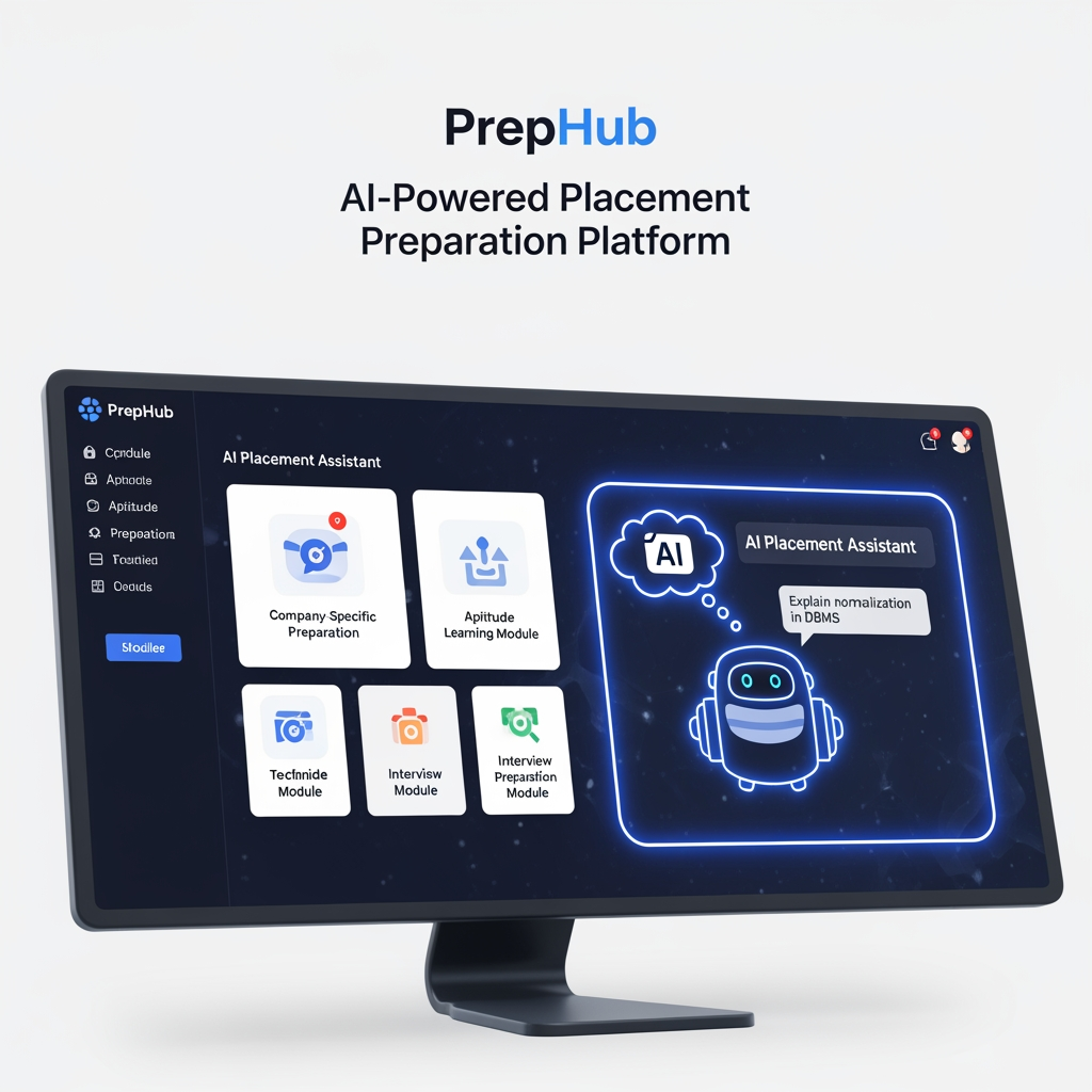 AI Design for # PrepHub – AI-Powered Placement Preparation Platform

## Overview

**PrepHub** is a free AI-powered placement preparation platform designed to help students prepare for campus placements and job recruitment processes based on the specific requirements of individual companies. The platform provides company-focused learning resources, aptitude practice, technical preparation, interview guidance, dress code recommendations, and AI-powered assistance to help students succeed in recruitment drives.

Unlike traditional placement preparation platforms that offer generic content, PrepHub delivers a personalized and company-specific preparation experience. Students can select a company and access all relevant preparation materials, including aptitude questions, technical concepts, interview experiences, mock tests, and hiring guidelines.

The platform aims to bridge the gap between academic learning and industry recruitment expectations by offering structured preparation pathways aligned with the latest hiring patterns of leading companies.

---

# Vision

To become the most trusted and accessible placement preparation platform that empowers students to secure employment opportunities through targeted learning, AI-driven guidance, and company-specific preparation resources.

---

# Mission

* Provide free and accessible placement preparation for all students.
* Deliver company-specific learning content.
* Use AI to offer personalized mentoring and interview practice.
* Help students improve confidence and employability.
* Simplify placement preparation through a single unified platform.

---

# Problem Statement

Students often face several challenges during placement season:

* Lack of company-specific preparation resources.
* Difficulty identifying important topics for different recruiters.
* Limited access to mock interviews and personalized feedback.
* Scattered learning materials across multiple websites.
* Insufficient knowledge of interview etiquette and professional conduct.
* Lack of awareness regarding company recruitment patterns.

PrepHub addresses these challenges by centralizing all placement-related resources into one intelligent platform.

---

# Target Audience

* Engineering Students
* Degree Students
* Final-Year Students
* Fresh Graduates
* Placement Cell Coordinators
* Job Seekers Preparing for Entry-Level Roles

---

# Initial Companies Covered

### Tata Consultancy Services (TCS)

* Aptitude Preparation
* Coding Practice
* Technical Questions
* HR Interview Questions

### Infosys

* Verbal Ability
* Logical Reasoning
* Technical Assessment
* HR Preparation

### HCLTech

* Aptitude Training
* Technical Preparation
* Interview Guidance

### EY (Ernst & Young)

* Aptitude Practice
* Coding Assessment
* Technical and Behavioral Interviews

### Cognizant

* Communication Assessment
* Aptitude Tests
* Technical Interview Preparation

---

# Key Features

## 1. Company-Specific Preparation

Each company has a dedicated preparation dashboard containing:

* Recruitment Process
* Eligibility Criteria
* Assessment Pattern
* Frequently Asked Questions
* Previous Year Questions
* Interview Experiences
* Important Preparation Topics

Students receive focused preparation based on the selected company.

---

## 2. Aptitude Learning Module

The aptitude section covers:

### Quantitative Aptitude

* Number Systems
* Percentages
* Profit and Loss
* Time and Work
* Probability
* Permutations and Combinations

### Logical Reasoning

* Seating Arrangements
* Blood Relations
* Coding-Decoding
* Puzzles
* Syllogisms

### Verbal Ability

* Reading Comprehension
* Grammar
* Vocabulary
* Sentence Correction

Features:

* Topic-wise Practice
* Timed Assessments
* Difficulty Levels
* Performance Tracking

---

## 3. Technical Preparation Module

Students can prepare technical subjects commonly asked during placements.

Topics include:

* C Programming
* C++
* Java
* Python
* Data Structures
* Algorithms
* DBMS
* Operating Systems
* Computer Networks
* SQL
* Object-Oriented Programming

Features:

* Notes
* Practice Questions
* Coding Challenges
* Concept Explanations
* Company-Specific Technical Questions

---

## 4. Interview Preparation Module

### Technical Interview Preparation

Includes:

* Core Subject Questions
* Coding Questions
* Problem-Solving Scenarios

### HR Interview Preparation

Includes:

* Tell Me About Yourself
* Strengths and Weaknesses
* Career Goals
* Teamwork Experiences
* Leadership Questions

### Behavioral Interview Preparation

Includes:

* Situational Questions
* Conflict Resolution
* Communication Assessment

---

## 5. AI Placement Assistant

PrepHub includes an intelligent AI chatbot that acts as a personal placement mentor.

### Features

#### Mentor Mode

Explains concepts and answers doubts.

Example:
"Explain normalization in DBMS."

#### Mock Interview Mode

Conducts realistic technical and HR interviews.

Example:
"Start an Infosys HR interview."

#### Aptitude Trainer

Generates company-specific aptitude questions.

Example:
"Give me 20 TCS aptitude questions."

#### Resume Reviewer

Analyzes resumes and suggests improvements.

#### Study Planner

Creates personalized preparation schedules.

Example:
"Create a 15-day Cognizant preparation plan."

---

## 6. Mock Test Platform

Students can attempt:

* Aptitude Tests
* Technical Tests
* Company-Specific Assessments
* Coding Challenges

Features:

* Time Limits
* Automatic Evaluation
* Score Reports
* Improvement Suggestions

---

## 7. Resume Builder

PrepHub provides an ATS-friendly resume builder.

Features:

* Professional Templates
* Resume Scoring
* Skill Suggestions
* PDF Export
* Resume Review Using AI

---

## 8. Interview Experience Repository

Students can access real interview experiences shared by candidates.

Includes:

* Assessment Experiences
* Technical Interview Experiences
* HR Interview Experiences
* Preparation Tips

This helps students understand actual recruitment expectations.

---

## 9. Placement Tracker

Students can monitor their placement progress.

Stages include:

* Applied
* Assessment Scheduled
* Assessment Cleared
* Technical Interview
* HR Interview
* Offer Received

---

## 10. Daily Challenge System

Every day students receive:

* One Aptitude Question
* One Coding Problem
* One Interview Question

This encourages continuous learning and practice.

---

# Professional Dress Code Guide

PrepHub provides professional appearance guidelines for interviews.

### Male Candidates

Recommended:

* Formal Shirt
* Formal Trousers
* Formal Shoes
* Belt
* Professional Grooming

Avoid:

* Jeans
* T-Shirts
* Sports Shoes
* Casual Accessories

### Female Candidates

Recommended:

* Formal Top or Shirt
* Formal Trousers or Professional Attire
* Closed Footwear
* Professional Appearance

Avoid:

* Casual Wear
* Slippers
* Excessive Accessories

---

# Interview Rules and Best Practices

### Before Interview

* Verify Documents
* Test Camera and Microphone
* Ensure Stable Internet Connection
* Join Early

### During Interview

* Maintain Professionalism
* Speak Clearly
* Listen Carefully
* Answer Confidently

### After Interview

* Thank the Interviewer
* Ask Relevant Questions
* Follow Professional Etiquette

---

# Benefits of PrepHub

* Free Access for Students
* Company-Specific Preparation
* AI-Powered Learning Assistance
* Personalized Interview Practice
* Structured Learning Paths
* Updated Recruitment Information
* Improved Placement Readiness

---

# Future Enhancements

* More Companies
* AI Video Interview Simulator
* Coding Contest Platform
* Placement Analytics Dashboard
* Placement Cell Integration
* Peer Discussion Forums
* Job Notifications
* Industry Skill Certifications

---

# Conclusion

PrepHub is an intelligent placement preparation platform that combines aptitude training, technical learning, interview preparation, AI assistance, resume building, and company-specific guidance into a single ecosystem. By delivering precise and updated preparation resources tailored to individual companies, PrepHub helps students prepare smarter, build confidence, and maximize their chances of securing job offers during campus placements and recruitment drives.