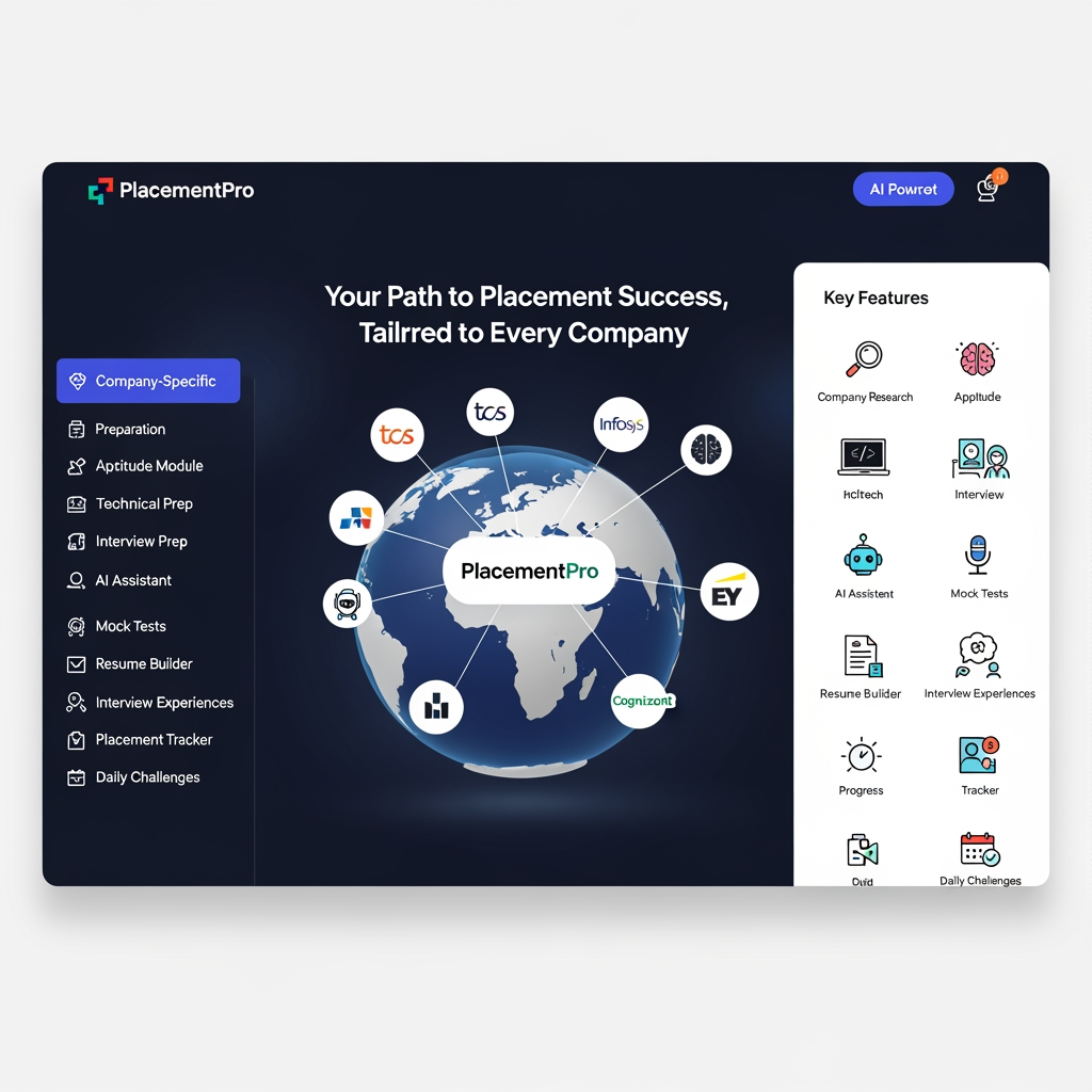 AI Design for # PlacementPro – Company-Specific Placement Preparation Platform

## Overview

PlacementPro is a free AI-powered placement preparation platform designed to help students prepare for campus recruitment drives and job interviews based on the specific requirements of individual companies.

Unlike generic placement preparation applications, PlacementPro provides company-specific learning paths, aptitude tests, technical preparation materials, interview questions, dress code guidelines, and recruitment rules. The platform continuously updates its content based on the latest recruitment patterns and placement experiences shared by students.

The primary goal of PlacementPro is to increase students' placement success rates by offering targeted preparation resources that align with the hiring processes of major recruiters.

---# PrepHub – AI-Powered Placement Preparation Platform

## Overview

**PrepHub** is a free AI-powered placement preparation platform designed to help students prepare for campus placements and job recruitment processes based on the specific requirements of individual companies. The platform provides company-focused learning resources, aptitude practice, technical preparation, interview guidance, dress code recommendations, and AI-powered assistance to help students succeed in recruitment drives.

Unlike traditional placement preparation platforms that offer generic content, PrepHub delivers a personalized and company-specific preparation experience. Students can select a company and access all relevant preparation materials, including aptitude questions, technical concepts, interview experiences, mock tests, and hiring guidelines.

The platform aims to bridge the gap between academic learning and industry recruitment expectations by offering structured preparation pathways aligned with the latest hiring patterns of leading companies.

---

# Vision

To become the most trusted and accessible placement preparation platform that empowers students to secure employment opportunities through targeted learning, AI-driven guidance, and company-specific preparation resources.

---

# Mission

* Provide free and accessible placement preparation for all students.
* Deliver company-specific learning content.
* Use AI to offer personalized mentoring and interview practice.
* Help students improve confidence and employability.
* Simplify placement preparation through a single unified platform.

---

# Problem Statement

Students often face several challenges during placement season:

* Lack of company-specific preparation resources.
* Difficulty identifying important topics for different recruiters.
* Limited access to mock interviews and personalized feedback.
* Scattered learning materials across multiple websites.
* Insufficient knowledge of interview etiquette and professional conduct.
* Lack of awareness regarding company recruitment patterns.

PrepHub addresses these challenges by centralizing all placement-related resources into one intelligent platform.

---

# Target Audience

* Engineering Students
* Degree Students
* Final-Year Students
* Fresh Graduates
* Placement Cell Coordinators
* Job Seekers Preparing for Entry-Level Roles

---

# Initial Companies Covered

### Tata Consultancy Services (TCS)

* Aptitude Preparation
* Coding Practice
* Technical Questions
* HR Interview Questions

### Infosys

* Verbal Ability
* Logical Reasoning
* Technical Assessment
* HR Preparation

### HCLTech

* Aptitude Training
* Technical Preparation
* Interview Guidance

### EY (Ernst & Young)

* Aptitude Practice
* Coding Assessment
* Technical and Behavioral Interviews

### Cognizant

* Communication Assessment
* Aptitude Tests
* Technical Interview Preparation

---

# Key Features

## 1. Company-Specific Preparation

Each company has a dedicated preparation dashboard containing:

* Recruitment Process
* Eligibility Criteria
* Assessment Pattern
* Frequently Asked Questions
* Previous Year Questions
* Interview Experiences
* Important Preparation Topics

Students receive focused preparation based on the selected company.

---

## 2. Aptitude Learning Module

The aptitude section covers:

### Quantitative Aptitude

* Number Systems
* Percentages
* Profit and Loss
* Time and Work
* Probability
* Permutations and Combinations

### Logical Reasoning

* Seating Arrangements
* Blood Relations
* Coding-Decoding
* Puzzles
* Syllogisms

### Verbal Ability

* Reading Comprehension
* Grammar
* Vocabulary
* Sentence Correction

Features:

* Topic-wise Practice
* Timed Assessments
* Difficulty Levels
* Performance Tracking

---

## 3. Technical Preparation Module

Students can prepare technical subjects commonly asked during placements.

Topics include:

* C Programming
* C++
* Java
* Python
* Data Structures
* Algorithms
* DBMS
* Operating Systems
* Computer Networks
* SQL
* Object-Oriented Programming

Features:

* Notes
* Practice Questions
* Coding Challenges
* Concept Explanations
* Company-Specific Technical Questions

---

## 4. Interview Preparation Module

### Technical Interview Preparation

Includes:

* Core Subject Questions
* Coding Questions
* Problem-Solving Scenarios

### HR Interview Preparation

Includes:

* Tell Me About Yourself
* Strengths and Weaknesses
* Career Goals
* Teamwork Experiences
* Leadership Questions

### Behavioral Interview Preparation

Includes:

* Situational Questions
* Conflict Resolution
* Communication Assessment

---

## 5. AI Placement Assistant

PrepHub includes an intelligent AI chatbot that acts as a personal placement mentor.

### Features

#### Mentor Mode

Explains concepts and answers doubts.

Example:
"Explain normalization in DBMS."

#### Mock Interview Mode

Conducts realistic technical and HR interviews.

Example:
"Start an Infosys HR interview."

#### Aptitude Trainer

Generates company-specific aptitude questions.

Example:
"Give me 20 TCS aptitude questions."

#### Resume Reviewer

Analyzes resumes and suggests improvements.

#### Study Planner

Creates personalized preparation schedules.

Example:
"Create a 15-day Cognizant preparation plan."

---

## 6. Mock Test Platform

Students can attempt:

* Aptitude Tests
* Technical Tests
* Company-Specific Assessments
* Coding Challenges

Features:

* Time Limits
* Automatic Evaluation
* Score Reports
* Improvement Suggestions

---

## 7. Resume Builder

PrepHub provides an ATS-friendly resume builder.

Features:

* Professional Templates
* Resume Scoring
* Skill Suggestions
* PDF Export
* Resume Review Using AI

---

## 8. Interview Experience Repository

Students can access real interview experiences shared by candidates.

Includes:

* Assessment Experiences
* Technical Interview Experiences
* HR Interview Experiences
* Preparation Tips

This helps students understand actual recruitment expectations.

---

## 9. Placement Tracker

Students can monitor their placement progress.

Stages include:

* Applied
* Assessment Scheduled
* Assessment Cleared
* Technical Interview
* HR Interview
* Offer Received

---

## 10. Daily Challenge System

Every day students receive:

* One Aptitude Question
* One Coding Problem
* One Interview Question

This encourages continuous learning and practice.

---

# Professional Dress Code Guide

PrepHub provides professional appearance guidelines for interviews.

### Male Candidates

Recommended:

* Formal Shirt
* Formal Trousers
* Formal Shoes
* Belt
* Professional Grooming

Avoid:

* Jeans
* T-Shirts
* Sports Shoes
* Casual Accessories

### Female Candidates

Recommended:

* Formal Top or Shirt
* Formal Trousers or Professional Attire
* Closed Footwear
* Professional Appearance

Avoid:

* Casual Wear
* Slippers
* Excessive Accessories

---

# Interview Rules and Best Practices

### Before Interview

* Verify Documents
* Test Camera and Microphone
* Ensure Stable Internet Connection
* Join Early

### During Interview

* Maintain Professionalism
* Speak Clearly
* Listen Carefully
* Answer Confidently

### After Interview

* Thank the Interviewer
* Ask Relevant Questions
* Follow Professional Etiquette

---

# Benefits of PrepHub

* Free Access for Students
* Company-Specific Preparation
* AI-Powered Learning Assistance
* Personalized Interview Practice
* Structured Learning Paths
* Updated Recruitment Information
* Improved Placement Readiness

---

# Future Enhancements

* More Companies
* AI Video Interview Simulator
* Coding Contest Platform
* Placement Analytics Dashboard
* Placement Cell Integration
* Peer Discussion Forums
* Job Notifications
* Industry Skill Certifications

---

# Conclusion

PrepHub is an intelligent placement preparation platform that combines aptitude training, technical learning, interview preparation, AI assistance, resume building, and company-specific guidance into a single ecosystem. By delivering precise and updated preparation resources tailored to individual companies, PrepHub helps students prepare smarter, build confidence, and maximize their chances of securing job offers during campus placements and recruitment drives.


## Problem Statement

Many students struggle during placement season because:

* Different companies follow different recruitment processes.
* Preparation resources are scattered across multiple websites.
* Students lack guidance on what topics to prioritize.
* Mock interviews and personalized feedback are often unavailable.
* There is limited access to company-specific interview experiences.
* Students are unaware of professional interview etiquette and dress codes.

PlacementPro solves these problems by providing a centralized platform that delivers customized preparation for each company.

---

## Target Users

* Engineering students
* Degree students
* Final-year students
* Fresh graduates
* Placement cell coordinators
* Students preparing for off-campus recruitment

---

## Companies Included in Initial Release

### 1. Tata Consultancy Services (TCS)

Preparation based on:

* Aptitude
* Logical Reasoning
* Verbal Ability
* Coding
* Technical Interview
* HR Interview

### 2. Infosys

Preparation based on:

* Aptitude
* Verbal Ability
* Reasoning
* Technical Assessment
* Technical Interview
* HR Interview

### 3. HCLTech

Preparation based on:

* Quantitative Aptitude
* Logical Reasoning
* Verbal Ability
* Technical Assessment
* HR Round

### 4. EY (Ernst & Young)

Preparation based on:

* Aptitude
* Coding
* Technical Questions
* Behavioral Interview
* HR Interview

### 5. Cognizant

Preparation based on:

* Communication Assessment
* Aptitude Test
* Technical Assessment
* Technical Interview
* HR Interview

---

## Core Features

### 1. Company-Specific Dashboard

Each company has its own dedicated dashboard containing:

* Recruitment process
* Eligibility criteria
* Latest hiring pattern
* Aptitude preparation materials
* Technical preparation materials
* Interview preparation materials
* Dress code guidelines
* Interview rules and instructions

Students can select a company and instantly access all preparation resources related to that company.

---

### 2. Aptitude Preparation Module

The aptitude module helps students improve problem-solving and analytical skills.

Topics include:

* Quantitative Aptitude
* Logical Reasoning
* Verbal Ability
* Data Interpretation
* Analytical Reasoning

Features:

* Topic-wise practice questions
* Company-specific question banks
* Previous year questions
* Difficulty levels
* Timed mock tests
* Performance analysis

---

### 3. Technical Preparation Module

The technical section prepares students for technical assessments and interviews.

Subjects include:

* C Programming
* C++
* Java
* Python
* Data Structures
* Algorithms
* Database Management Systems (DBMS)
* Operating Systems
* Computer Networks
* Object-Oriented Programming
* SQL
* Web Development Basics

Features:

* Notes
* Important concepts
* Frequently asked questions
* Coding challenges
* Company-specific technical questions

---

### 4. Interview Preparation Module

Students can prepare for both technical and HR interviews.

Includes:

#### Technical Interview Questions

* Programming questions
* Core subject questions
* Problem-solving scenarios

#### HR Interview Questions

* Tell me about yourself
* Strengths and weaknesses
* Career goals
* Leadership experiences
* Teamwork situations

#### Behavioral Interview Questions

* Situation-based questions
* Communication skills assessment
* Conflict resolution scenarios

---

### 5. AI Placement Assistant

An integrated AI chatbot acts as a personal placement mentor.

Capabilities:

#### Mentor Mode

Explains concepts and topics.

Example:
"Explain normalization in DBMS."

#### Interviewer Mode

Conducts mock interviews.

Example:
"Start a TCS technical interview."

#### Aptitude Trainer

Generates practice questions.

Example:
"Give me 10 Cognizant aptitude questions."

#### Resume Assistant

Reviews resumes and provides suggestions.

#### Placement Roadmap Generator

Creates personalized study plans.

Example:
"Create a 30-day placement preparation plan."

#### Instant Doubt Resolution

Answers student questions anytime.

---

### 6. Mock Test System

Students can attempt company-specific mock tests.

Features:

* Timed assessments
* Aptitude tests
* Technical tests
* Mixed assessments
* Auto evaluation
* Performance reports
* Score comparison

---

### 7. Resume Builder

The platform provides an ATS-friendly resume builder.

Features:

* Professional templates
* Resume suggestions
* PDF export
* Resume scoring
* Skill recommendations

---

### 8. Interview Experience Repository

Students can read and contribute interview experiences.

Contents include:

* Assessment round experiences
* Technical interview experiences
* HR interview experiences
* Tips and strategies

This helps future candidates understand the actual recruitment process.

---

### 9. Placement Progress Tracker

Students can track their placement journey.

Stages:

* Applied
* Assessment Scheduled
* Assessment Cleared
* Technical Interview
* HR Interview
* Offer Received

The tracker helps students stay organized throughout recruitment season.

---

### 10. Daily Practice Challenges

Every day students receive:

* One aptitude question
* One coding question
* One interview question

This encourages consistent preparation.

---

## Dress Code Guidelines

The platform provides professional appearance guidelines for interviews.

### For Male Candidates

Recommended:

* Formal shirt
* Formal trousers
* Belt
* Formal shoes
* Neat hairstyle

Avoid:

* Jeans
* T-shirts
* Sneakers
* Casual accessories

### For Female Candidates

Recommended:

* Formal shirt or top
* Formal trousers or formal attire
* Closed footwear
* Professional appearance

Avoid:

* Casual clothing
* Slippers
* Excessive accessories

---

## Interview Rules and Etiquette

Students receive interview readiness guidance including:

Before Interview:

* Resume preparation
* Document verification
* Device testing
* Internet connectivity check

During Interview:

* Professional communication
* Eye contact
* Confidence building
* Answer structuring

After Interview:

* Follow-up etiquette
* Professional closing remarks

---

## Benefits

* Company-specific preparation
* Centralized learning platform
* AI-powered guidance
* Improved interview confidence
* Better placement success rates
* Continuous content updates
* Free access for students

---

## Future Enhancements

* Additional companies
* Coding contest platform
* Video interview simulations
* Placement analytics dashboard
* College-specific placement insights
* AI-powered personalized recommendations
* Recruiter and placement cell integration

---

## Conclusion

PlacementPro is a comprehensive placement preparation platform that combines company-specific preparation, AI assistance, mock testing, resume building, interview training, and professional guidance into a single application. By offering targeted resources tailored to each company's recruitment process, PlacementPro helps students prepare efficiently, build confidence, and maximize their chances of securing job offers.