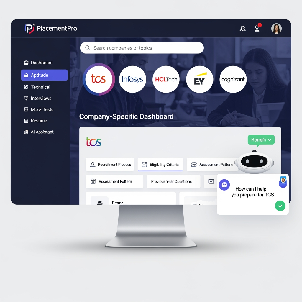 AI Design for # PlacementPro – Company-Specific Placement Preparation Platform

## Overview

PlacementPro is a free AI-powered placement preparation platform designed to help students prepare for campus recruitment drives and job interviews based on the specific requirements of individual companies.

Unlike generic placement preparation applications, PlacementPro provides company-specific learning paths, aptitude tests, technical preparation materials, interview questions, dress code guidelines, and recruitment rules. The platform continuously updates its content based on the latest recruitment patterns and placement experiences shared by students.

The primary goal of PlacementPro is to increase students' placement success rates by offering targeted preparation resources that align with the hiring processes of major recruiters.

---# PrepHub – AI-Powered Placement Preparation Platform

## Overview

**PrepHub** is a free AI-powered placement preparation platform designed to help students prepare for campus placements and job recruitment processes based on the specific requirements of individual companies. The platform provides company-focused learning resources, aptitude practice, technical preparation, interview guidance, dress code recommendations, and AI-powered assistance to help students succeed in recruitment drives.

Unlike traditional placement preparation platforms that offer generic content, PrepHub delivers a personalized and company-specific preparation experience. Students can select a company and access all relevant preparation materials, including aptitude questions, technical concepts, interview experiences, mock tests, and hiring guidelines.

The platform aims to bridge the gap between academic learning and industry recruitment expectations by offering structured preparation pathways aligned with the latest hiring patterns of leading companies.

---

# Vision

To become the most trusted and accessible placement preparation platform that empowers students to secure employment opportunities through targeted learning, AI-driven guidance, and company-specific preparation resources.

---

# Mission

* Provide free and accessible placement preparation for all students.
* Deliver company-specific learning content.
* Use AI to offer personalized mentoring and interview practice.
* Help students improve confidence and employability.
* Simplify placement preparation through a single unified platform.

---

# Problem Statement

Students often face several challenges during placement season:

* Lack of company-specific preparation resources.
* Difficulty identifying important topics for different recruiters.
* Limited access to mock interviews and personalized feedback.
* Scattered learning materials across multiple websites.
* Insufficient knowledge of interview etiquette and professional conduct.
* Lack of awareness regarding company recruitment patterns.

PrepHub addresses these challenges by centralizing all placement-related resources into one intelligent platform.

---

# Target Audience

* Engineering Students
* Degree Students
* Final-Year Students
* Fresh Graduates
* Placement Cell Coordinators
* Job Seekers Preparing for Entry-Level Roles

---

# Initial Companies Covered

### Tata Consultancy Services (TCS)

* Aptitude Preparation
* Coding Practice
* Technical Questions
* HR Interview Questions

### Infosys

* Verbal Ability
* Logical Reasoning
* Technical Assessment
* HR Preparation

### HCLTech

* Aptitude Training
* Technical Preparation
* Interview Guidance

### EY (Ernst & Young)

* Aptitude Practice
* Coding Assessment
* Technical and Behavioral Interviews

### Cognizant

* Communication Assessment
* Aptitude Tests
* Technical Interview Preparation

---

# Key Features

## 1. Company-Specific Preparation

Each company has a dedicated preparation dashboard containing:

* Recruitment Process
* Eligibility Criteria
* Assessment Pattern
* Frequently Asked Questions
* Previous Year Questions
* Interview Experiences
* Important Preparation Topics

Students receive focused preparation based on the selected company.

---

## 2. Aptitude Learning Module

The aptitude section covers:

### Quantitative Aptitude

* Number Systems
* Percentages
* Profit and Loss
* Time and Work
* Probability
* Permutations and Combinations

### Logical Reasoning

* Seating Arrangements
* Blood Relations
* Coding-Decoding
* Puzzles
* Syllogisms

### Verbal Ability

* Reading Comprehension
* Grammar
* Vocabulary
* Sentence Correction

Features:

* Topic-wise Practice
* Timed Assessments
* Difficulty Levels
* Performance Tracking

---

## 3. Technical Preparation Module

Students can prepare technical subjects commonly asked during placements.

Topics include:

* C Programming
* C++
* Java
* Python
* Data Structures
* Algorithms
* DBMS
* Operating Systems
* Computer Networks
* SQL
* Object-Oriented Programming

Features:

* Notes
* Practice Questions
* Coding Challenges
* Concept Explanations
* Company-Specific Technical Questions

---

## 4. Interview Preparation Module

### Technical Interview Preparation

Includes:

* Core Subject Questions
* Coding Questions
* Problem-Solving Scenarios

### HR Interview Preparation

Includes:

* Tell Me About Yourself
* Strengths and Weaknesses
* Career Goals
* Teamwork Experiences
* Leadership Questions

### Behavioral Interview Preparation

Includes:

* Situational Questions
* Conflict Resolution
* Communication Assessment

---

## 5. AI Placement Assistant

PrepHub includes an intelligent AI chatbot that acts as a personal placement mentor.

### Features

#### Mentor Mode

Explains concepts and answers doubts.

Example:
"Explain normalization in DBMS."

#### Mock Interview Mode

Conducts realistic technical and HR interviews.

Example:
"Start an Infosys HR interview."

#### Aptitude Trainer

Generates company-specific aptitude questions.

Example:
"Give me 20 TCS aptitude questions."

#### Resume Reviewer

Analyzes resumes and suggests improvements.

#### Study Planner

Creates personalized preparation schedules.

Example:
"Create a 15-day Cognizant preparation plan."

---

## 6. Mock Test Platform

Students can attempt:

* Aptitude Tests
* Technical Tests
* Company-Specific Assessments
* Coding Challenges

Features:

* Time Limits
* Automatic Evaluation
* Score Reports
* Improvement Suggestions

---

## 7. Resume Builder

PrepHub provides an ATS-friendly resume builder.

Features:

* Professional Templates
* Resume Scoring
* Skill Suggestions
* PDF Export
* Resume Review Using AI

---

## 8. Interview Experience Repository

Students can access real interview experiences shared by candidates.

Includes:

* Assessment Experiences
* Technical Interview Experiences
* HR Interview Experiences
* Preparation Tips

This helps students understand actual recruitment expectations.

---

## 9. Placement Tracker

Students can monitor their placement progress.

Stages include:

* Applied
* Assessment Scheduled
* Assessment Cleared
* Technical Interview
* HR Interview
* Offer Received

---

## 10. Daily Challenge System

Every day students receive:

* One Aptitude Question
* One Coding Problem
* One Interview Question

This encourages continuous learning and practice.

---

# Professional Dress Code Guide

PrepHub provides professional appearance guidelines for interviews.

### Male Candidates

Recommended:

* Formal Shirt
* Formal Trousers
* Formal Shoes
* Belt
* Professional Grooming

Avoid:

* Jeans
* T-Shirts
* Sports Shoes
* Casual Accessories

### Female Candidates

Recommended:

* Formal Top or Shirt
* Formal Trousers or Professional Attire
* Closed Footwear
* Professional Appearance

Avoid:

* Casual Wear
* Slippers
* Excessive Accessories

---

# Interview Rules and Best Practices

### Before Interview

* Verify Documents
* Test Camera and Microphone
* Ensure Stable Internet Connection
* Join Early

### During Interview

* Maintain Professionalism
* Speak Clearly
* Listen Carefully
* Answer Confidently

### After Interview

* Thank the Interviewer
* Ask Relevant Questions
* Follow Professional Etiquette

---

# Benefits of PrepHub

* Free Access for Students
* Company-Specific Preparation
* AI-Powered Learning Assistance
* Personalized Interview Practice
* Structured Learning Paths
* Updated Recruitment Information
* Improved Placement Readiness

---

# Future Enhancements

* More Companies
* AI Video Interview Simulator
* Coding Contest Platform
* Placement Analytics Dashboard
* Placement Cell Integration
* Peer Discussion Forums
* Job Notifications
* Industry Skill Certifications

---

# Conclusion

PrepHub is an intelligent placement preparation platform that combines aptitude training, technical learning, interview preparation, AI assistance, resume building, and company-specific guidance into a single ecosystem. By delivering precise and updated preparation resources tailored to individual companies, PrepHub helps students prepare smarter, build confidence, and maximize their chances of securing job offers during campus placements and recruitment drives.


## Problem Statement

Many students struggle during placement season because:

* Different companies follow different recruitment processes.
* Preparation resources are scattered across multiple websites.
* Students lack guidance on what topics to prioritize.
* Mock interviews and personalized feedback are often unavailable.
* There is limited access to company-specific interview experiences.
* Students are unaware of professional interview etiquette and dress codes.

PlacementPro solves these problems by providing a centralized platform that delivers customized preparation for each company.

---

## Target Users

* Engineering students
* Degree students
* Final-year students
* Fresh graduates
* Placement cell coordinators
* Students preparing for off-campus recruitment

---

## Companies Included in Initial Release

### 1. Tata Consultancy Services (TCS)

Preparation based on:

* Aptitude
* Logical Reasoning
* Verbal Ability
* Coding
* Technical Interview
* HR Interview

### 2. Infosys

Preparation based on:

* Aptitude
* Verbal Ability
* Reasoning
* Technical Assessment
* Technical Interview
* HR Interview

### 3. HCLTech

Preparation based on:

* Quantitative Aptitude
* Logical Reasoning
* Verbal Ability
* Technical Assessment
* HR Round

### 4. EY (Ernst & Young)

Preparation based on:

* Aptitude
* Coding
* Technical Questions
* Behavioral Interview
* HR Interview

### 5. Cognizant

Preparation based on:

* Communication Assessment
* Aptitude Test
* Technical Assessment
* Technical Interview
* HR Interview

---

## Core Features

### 1. Company-Specific Dashboard

Each company has its own dedicated dashboard containing:

* Recruitment process
* Eligibility criteria
* Latest hiring pattern
* Aptitude preparation materials
* Technical preparation materials
* Interview preparation materials
* Dress code guidelines
* Interview rules and instructions

Students can select a company and instantly access all preparation resources related to that company.

---

### 2. Aptitude Preparation Module

The aptitude module helps students improve problem-solving and analytical skills.

Topics include:

* Quantitative Aptitude
* Logical Reasoning
* Verbal Ability
* Data Interpretation
* Analytical Reasoning

Features:

* Topic-wise practice questions
* Company-specific question banks
* Previous year questions
* Difficulty levels
* Timed mock tests
* Performance analysis

---

### 3. Technical Preparation Module

The technical section prepares students for technical assessments and interviews.

Subjects include:

* C Programming
* C++
* Java
* Python
* Data Structures
* Algorithms
* Database Management Systems (DBMS)
* Operating Systems
* Computer Networks
* Object-Oriented Programming
* SQL
* Web Development Basics

Features:

* Notes
* Important concepts
* Frequently asked questions
* Coding challenges
* Company-specific technical questions

---

### 4. Interview Preparation Module

Students can prepare for both technical and HR interviews.

Includes:

#### Technical Interview Questions

* Programming questions
* Core subject questions
* Problem-solving scenarios

#### HR Interview Questions

* Tell me about yourself
* Strengths and weaknesses
* Career goals
* Leadership experiences
* Teamwork situations

#### Behavioral Interview Questions

* Situation-based questions
* Communication skills assessment
* Conflict resolution scenarios

---

### 5. AI Placement Assistant

An integrated AI chatbot acts as a personal placement mentor.

Capabilities:

#### Mentor Mode

Explains concepts and topics.

Example:
"Explain normalization in DBMS."

#### Interviewer Mode

Conducts mock interviews.

Example:
"Start a TCS technical interview."

#### Aptitude Trainer

Generates practice questions.

Example:
"Give me 10 Cognizant aptitude questions."

#### Resume Assistant

Reviews resumes and provides suggestions.

#### Placement Roadmap Generator

Creates personalized study plans.

Example:
"Create a 30-day placement preparation plan."

#### Instant Doubt Resolution

Answers student questions anytime.

---

### 6. Mock Test System

Students can attempt company-specific mock tests.

Features:

* Timed assessments
* Aptitude tests
* Technical tests
* Mixed assessments
* Auto evaluation
* Performance reports
* Score comparison

---

### 7. Resume Builder

The platform provides an ATS-friendly resume builder.

Features:

* Professional templates
* Resume suggestions
* PDF export
* Resume scoring
* Skill recommendations

---

### 8. Interview Experience Repository

Students can read and contribute interview experiences.

Contents include:

* Assessment round experiences
* Technical interview experiences
* HR interview experiences
* Tips and strategies

This helps future candidates understand the actual recruitment process.

---

### 9. Placement Progress Tracker

Students can track their placement journey.

Stages:

* Applied
* Assessment Scheduled
* Assessment Cleared
* Technical Interview
* HR Interview
* Offer Received

The tracker helps students stay organized throughout recruitment season.

---

### 10. Daily Practice Challenges

Every day students receive:

* One aptitude question
* One coding question
* One interview question

This encourages consistent preparation.

---

## Dress Code Guidelines

The platform provides professional appearance guidelines for interviews.

### For Male Candidates

Recommended:

* Formal shirt
* Formal trousers
* Belt
* Formal shoes
* Neat hairstyle

Avoid:

* Jeans
* T-shirts
* Sneakers
* Casual accessories

### For Female Candidates

Recommended:

* Formal shirt or top
* Formal trousers or formal attire
* Closed footwear
* Professional appearance

Avoid:

* Casual clothing
* Slippers
* Excessive accessories

---

## Interview Rules and Etiquette

Students receive interview readiness guidance including:

Before Interview:

* Resume preparation
* Document verification
* Device testing
* Internet connectivity check

During Interview:

* Professional communication
* Eye contact
* Confidence building
* Answer structuring

After Interview:

* Follow-up etiquette
* Professional closing remarks

---

## Benefits

* Company-specific preparation
* Centralized learning platform
* AI-powered guidance
* Improved interview confidence
* Better placement success rates
* Continuous content updates
* Free access for students

---

## Future Enhancements

* Additional companies
* Coding contest platform
* Video interview simulations
* Placement analytics dashboard
* College-specific placement insights
* AI-powered personalized recommendations
* Recruiter and placement cell integration

---

## Conclusion

PlacementPro is a comprehensive placement preparation platform that combines company-specific preparation, AI assistance, mock testing, resume building, interview training, and professional guidance into a single application. By offering targeted resources tailored to each company's recruitment process, PlacementPro helps students prepare efficiently, build confidence, and maximize their chances of securing job offers.
