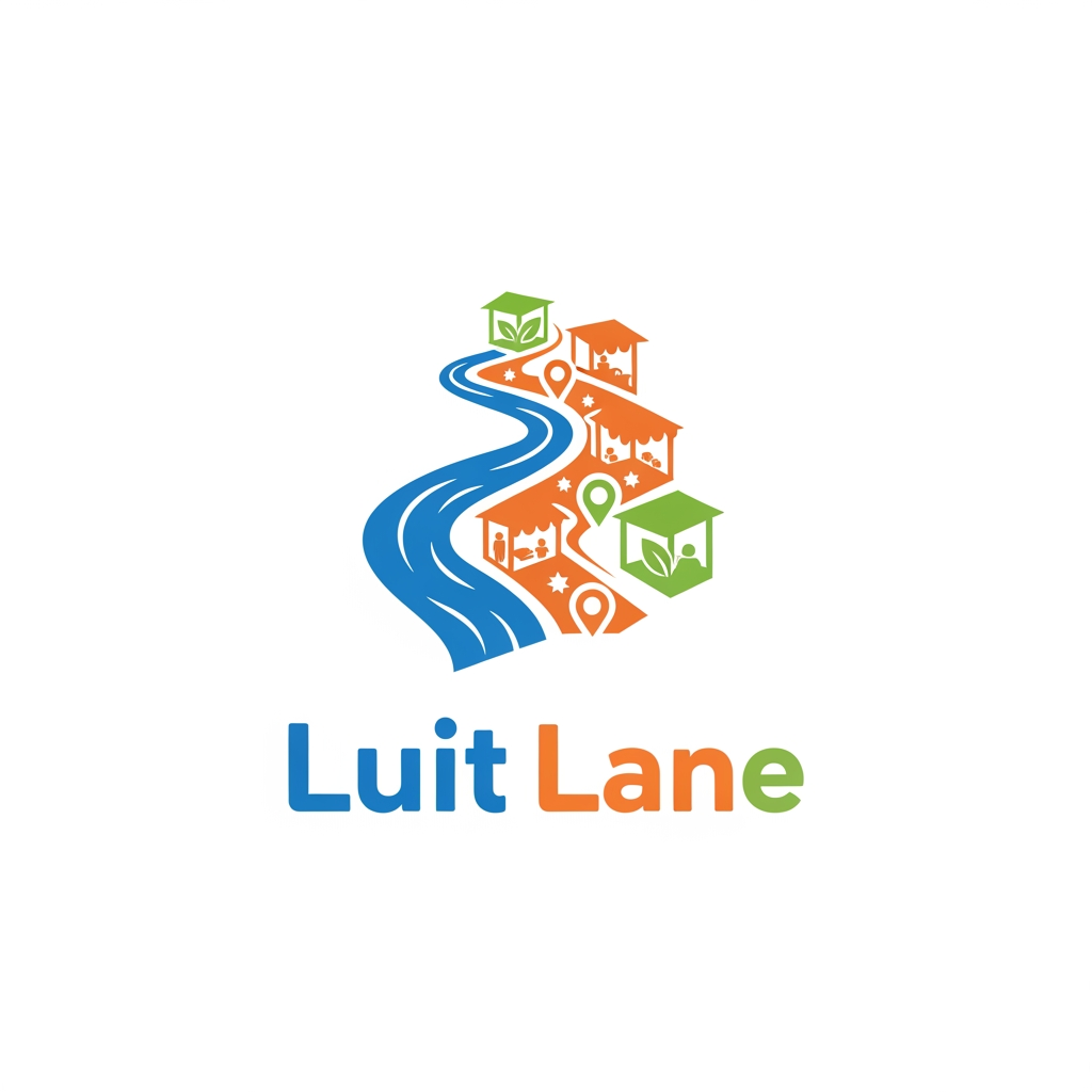 AI Design for Create a modern and memorable logo for "Luit Lane", a vibrant pop-up market and lifestyle event inspired by Assam's culture, creativity, food, fashion, and local entrepreneurship. Design a bold, friendly, and energetic logo featuring a stylized flowing river (Luit/Brahmaputra) combined with elements of streets, market stalls, community, and discovery. Use clean vector graphics, contemporary typography, and a fresh color palette of river blue, warm orange, leafy green, and white. The logo should feel welcoming, youthful, creative, and suitable for event banners, social media, merchandise, signage, and promotional materials. Include both an icon and wordmark, with a versatile design that works in full color and monochrome. Minimalist yet distinctive, professional branding, high-resolution vector style, white background, no mockups, no watermarks.