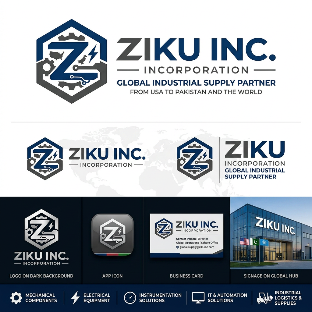 AI Design for I want to create a professinal logo for my business that is suppliers of industrial material in whole world. company based in USA provide the material in paksitan also ability to provide whole world. my company legal name is Ziku INC. i want to brand the ZIKU.