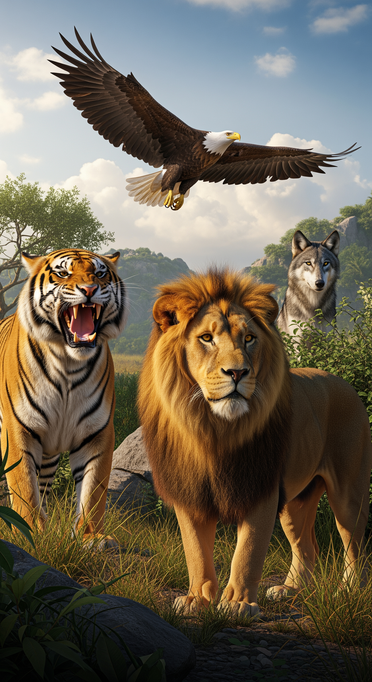 AI Design for Give 3–4 animals in a picture.

Example:

① Lion
② Tiger
③ Wolf
④ Eagle

Absolutely hyper realistic quality 8K quality 4K