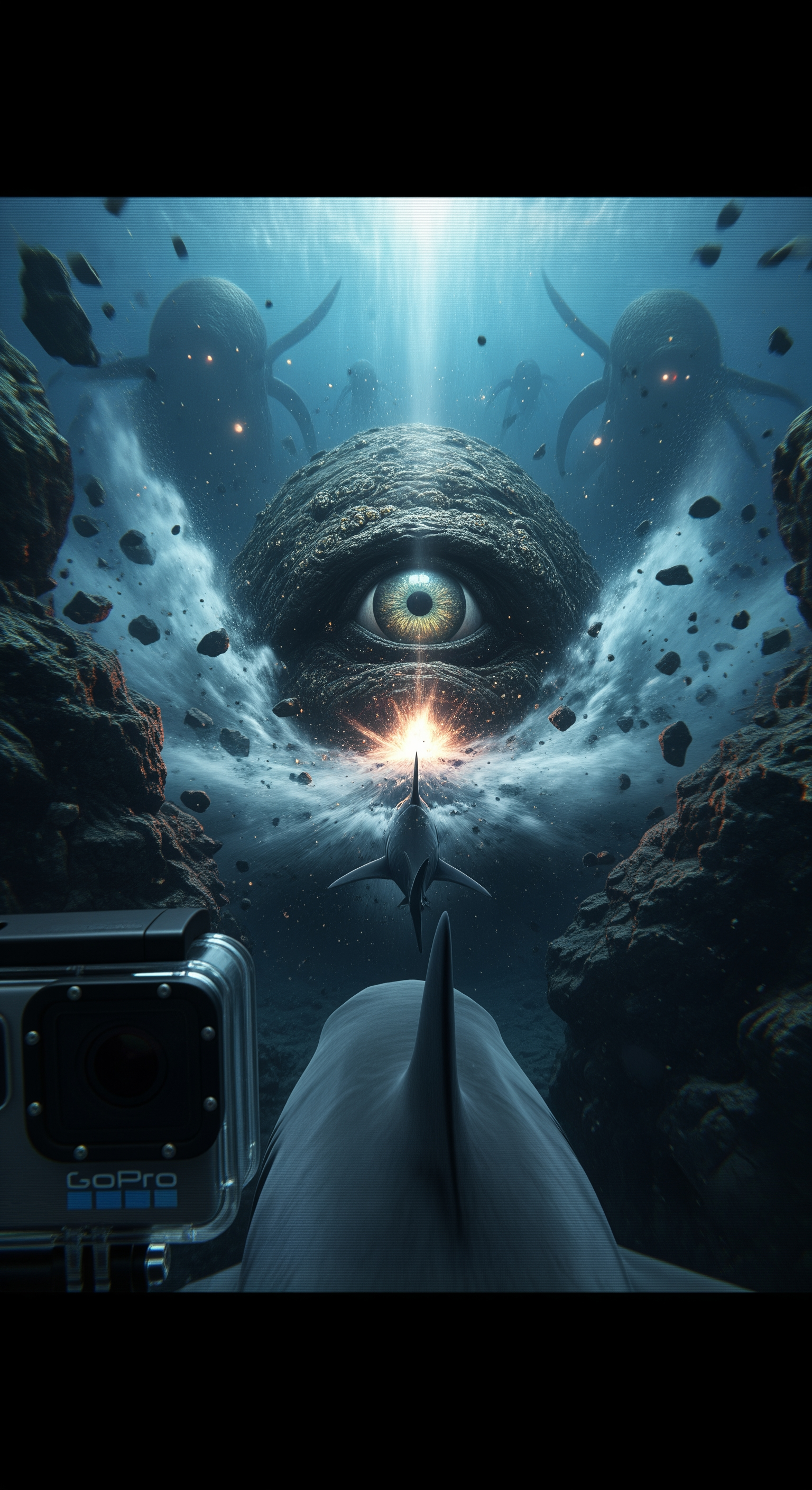 AI Design for Full shark GoPro POV, suddenly the massive entity turns toward the camera, a gigantic eye opens and locks directly onto the shark, shockwave ripples through the ocean, surrounding rocks crack apart, intense water turbulence throws the shark backward, visibility collapses into clouds of sediment, distant colossal silhouettes begin emerging from the darkness behind the first creature, mysterious glowing lights multiplying across the trench, camera feed flickering and distorting, suspenseful final seconds, cut to black just as something enormous rushes toward the lens, cinematic cliffhanger ending, ultra-realistic documentary horror atmosphere size 9.16