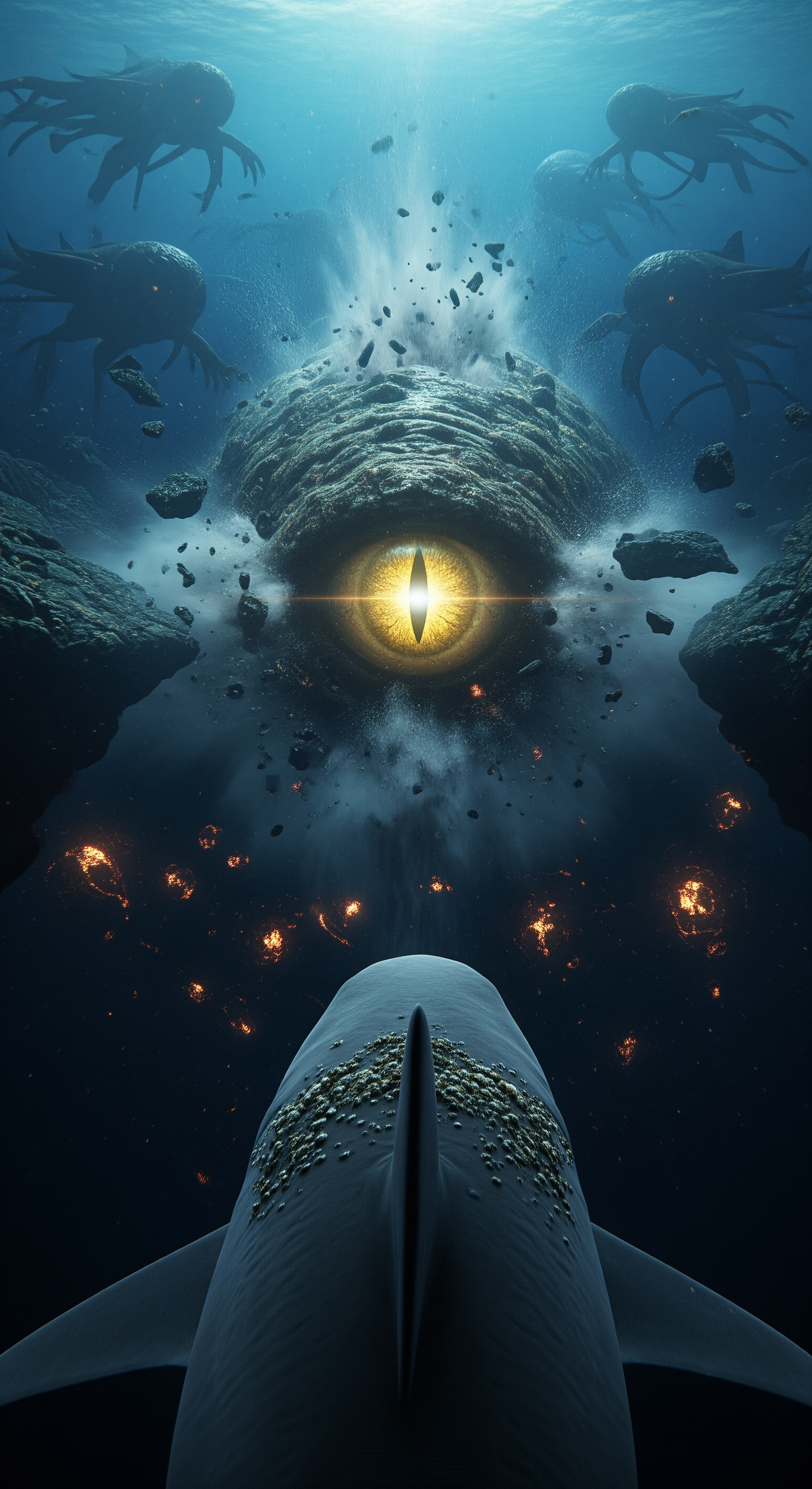 AI Design for Full shark GoPro POV, suddenly the massive entity turns toward the camera, a gigantic eye opens and locks directly onto the shark, shockwave ripples through the ocean, surrounding rocks crack apart, intense water turbulence throws the shark backward, visibility collapses into clouds of sediment, distant colossal silhouettes begin emerging from the darkness behind the first creature, mysterious glowing lights multiplying across the trench, camera feed flickering and distorting, suspenseful final seconds, cut to black just as something enormous rushes toward the lens, cinematic cliffhanger ending, ultra-realistic documentary horror atmosphere size 9.16