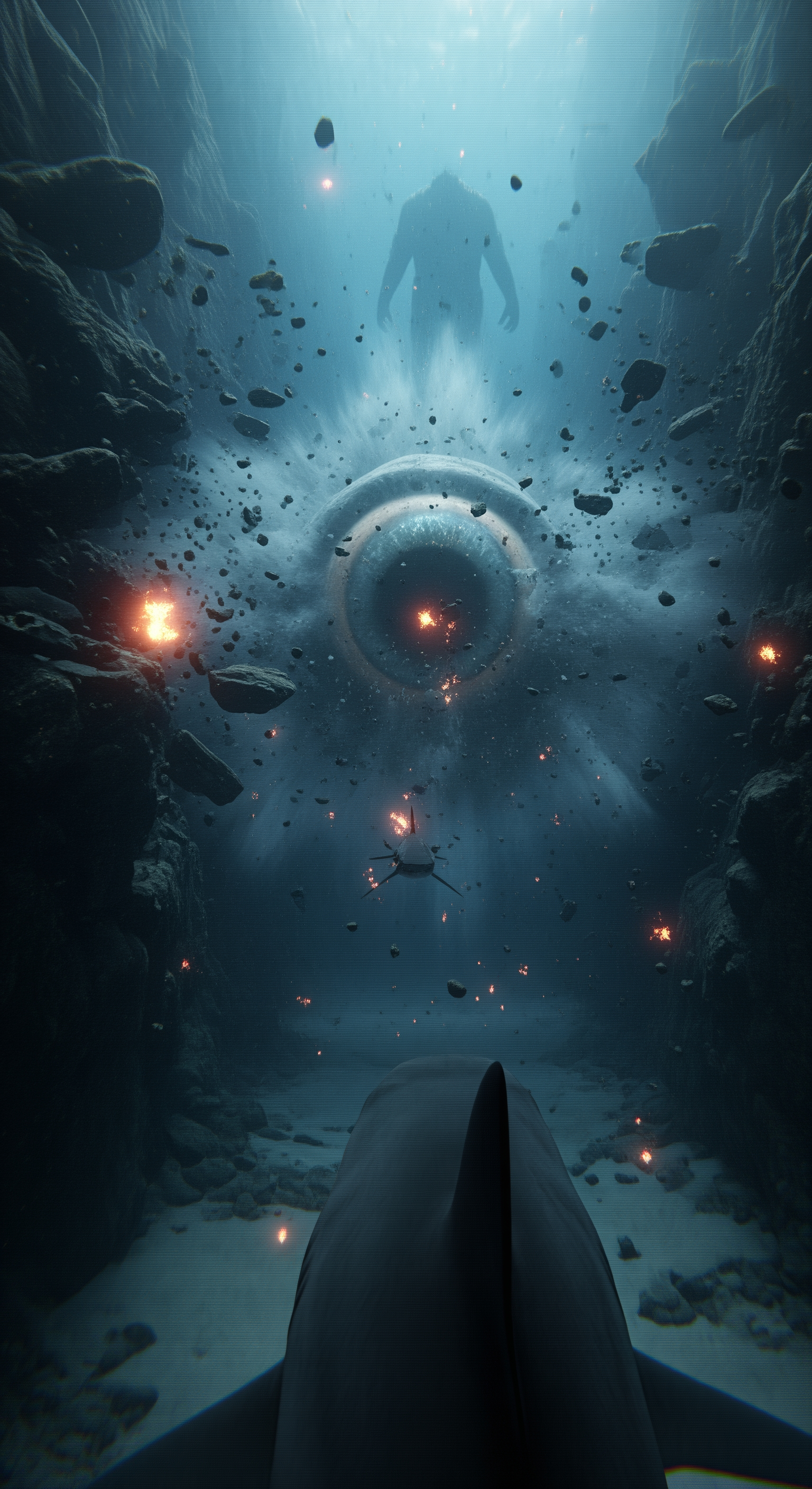 AI Design for Full shark GoPro POV, suddenly the massive entity turns toward the camera, a gigantic eye opens and locks directly onto the shark, shockwave ripples through the ocean, surrounding rocks crack apart, intense water turbulence throws the shark backward, visibility collapses into clouds of sediment, distant colossal silhouettes begin emerging from the darkness behind the first creature, mysterious glowing lights multiplying across the trench, camera feed flickering and distorting, suspenseful final seconds, cut to black just as something enormous rushes toward the lens, cinematic cliffhanger ending, ultra-realistic documentary horror atmosphere.