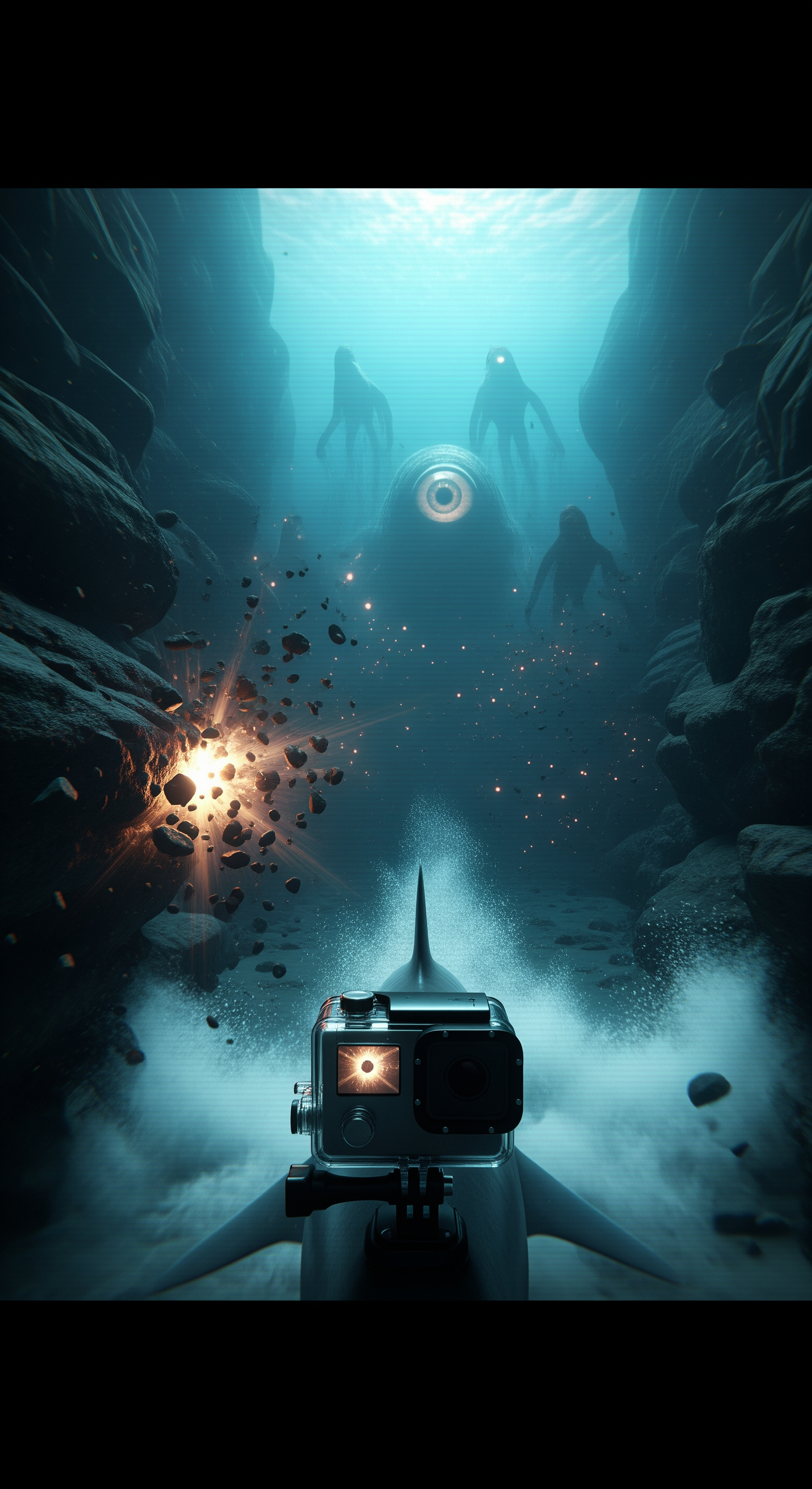 AI Design for Full shark GoPro POV, suddenly the massive entity turns toward the camera, a gigantic eye opens and locks directly onto the shark, shockwave ripples through the ocean, surrounding rocks crack apart, intense water turbulence throws the shark backward, visibility collapses into clouds of sediment, distant colossal silhouettes begin emerging from the darkness behind the first creature, mysterious glowing lights multiplying across the trench, camera feed flickering and distorting, suspenseful final seconds, cut to black just as something enormous rushes toward the lens, cinematic cliffhanger ending, ultra-realistic documentary horror atmosphere size 9.16