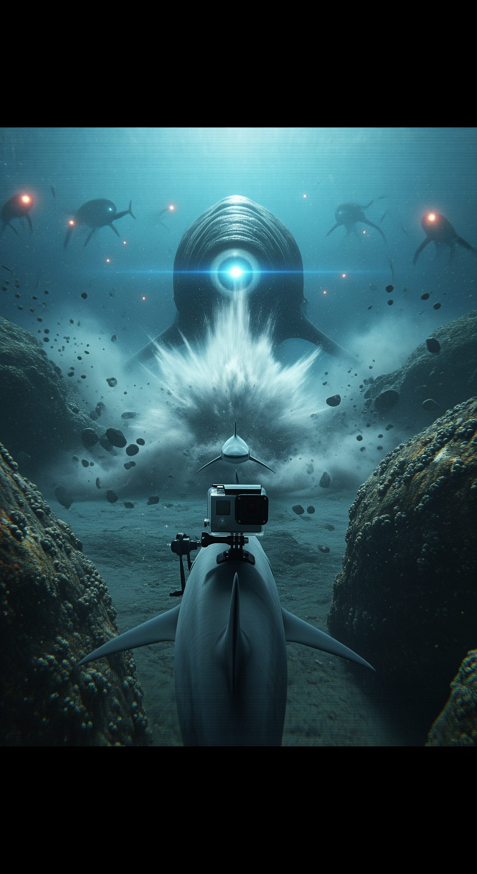 AI Design for Full shark GoPro POV, suddenly the massive entity turns toward the camera, a gigantic eye opens and locks directly onto the shark, shockwave ripples through the ocean, surrounding rocks crack apart, intense water turbulence throws the shark backward, visibility collapses into clouds of sediment, distant colossal silhouettes begin emerging from the darkness behind the first creature, mysterious glowing lights multiplying across the trench, camera feed flickering and distorting, suspenseful final seconds, cut to black just as something enormous rushes toward the lens, cinematic cliffhanger ending, ultra-realistic documentary horror atmosphere size 9.16