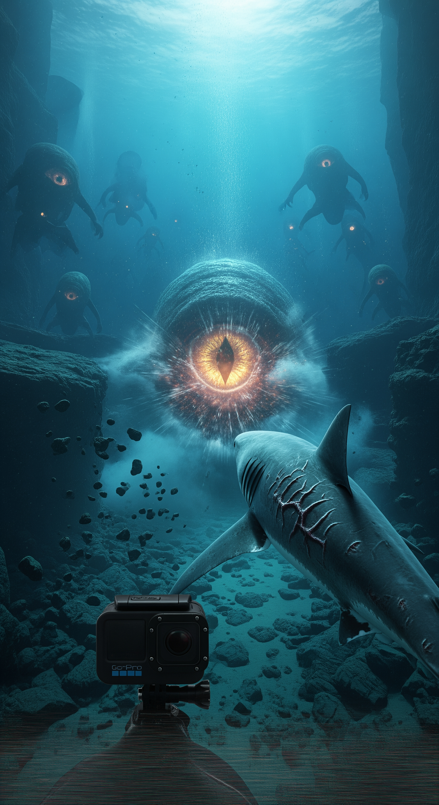 AI Design for Full shark GoPro POV, suddenly the massive entity turns toward the camera, a gigantic eye opens and locks directly onto the shark, shockwave ripples through the ocean, surrounding rocks crack apart, intense water turbulence throws the shark backward, visibility collapses into clouds of sediment, distant colossal silhouettes begin emerging from the darkness behind the first creature, mysterious glowing lights multiplying across the trench, camera feed flickering and distorting, suspenseful final seconds, cut to black just as something enormous rushes toward the lens, cinematic cliffhanger ending, ultra-realistic documentary horror atmosphere.