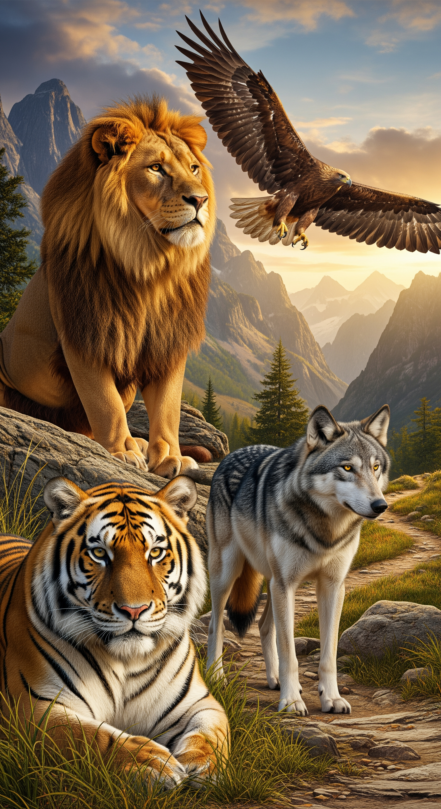 AI Design for Give 3–4 animals in a picture.

Example:

① Lion
② Tiger
③ Wolf
④ Eagle

Absolutely hyper realistic quality 8K quality 4K