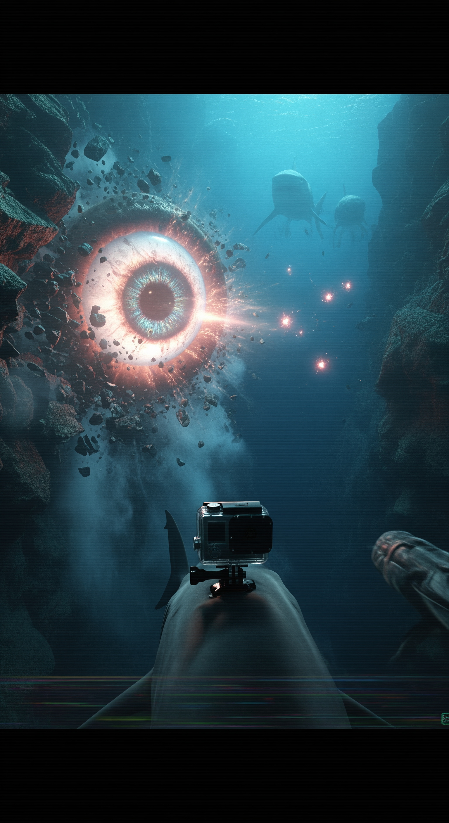 AI Design for Full shark GoPro POV, suddenly the massive entity turns toward the camera, a gigantic eye opens and locks directly onto the shark, shockwave ripples through the ocean, surrounding rocks crack apart, intense water turbulence throws the shark backward, visibility collapses into clouds of sediment, distant colossal silhouettes begin emerging from the darkness behind the first creature, mysterious glowing lights multiplying across the trench, camera feed flickering and distorting, suspenseful final seconds, cut to black just as something enormous rushes toward the lens, cinematic cliffhanger ending, ultra-realistic documentary horror atmosphere.