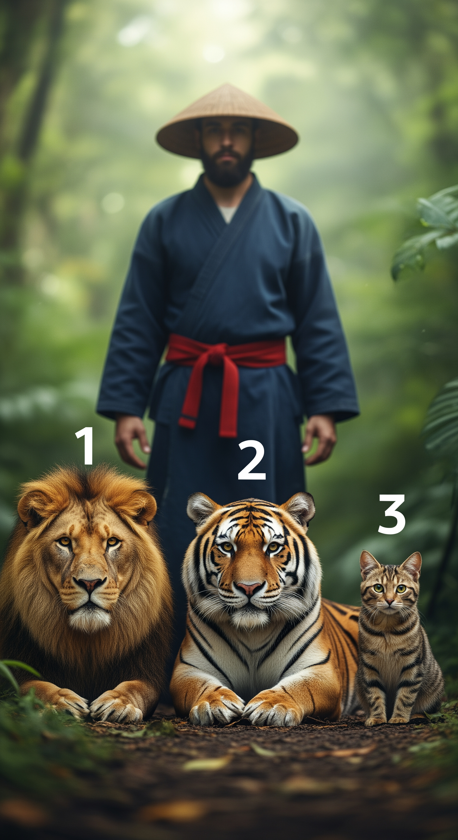 AI Design for A person is standing and in front of him there will be three different animals such as lion, tiger and cat with serial numbers one, two and three on top of the three animals and the image should be in hyper realistic 8K quality