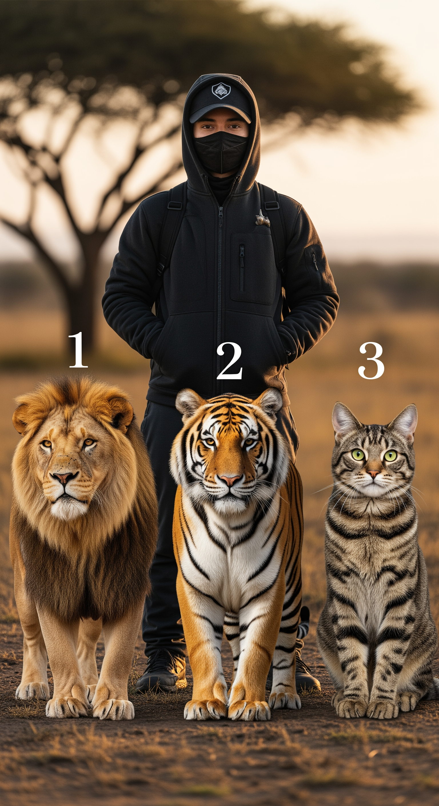 AI Design for A person is standing and in front of him there will be three different animals such as lion, tiger and cat with serial numbers one, two and three on top of the three animals and the image should be in hyper realistic 8K quality