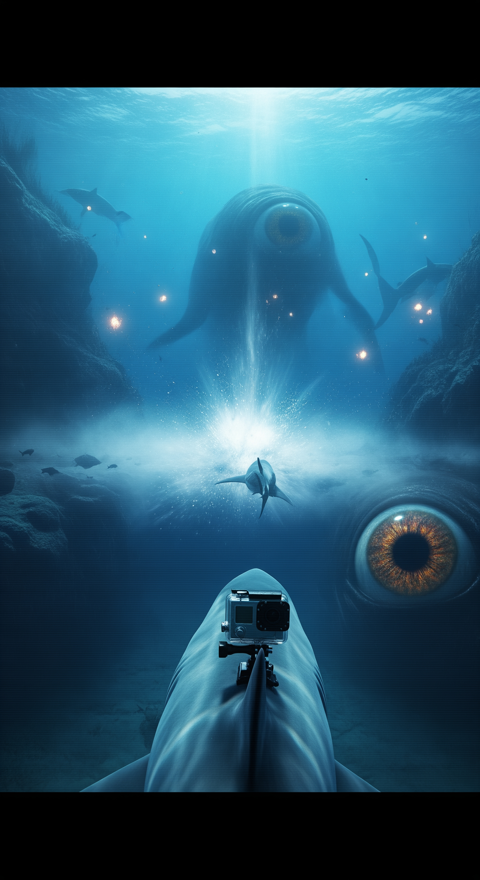 AI Design for Full shark GoPro POV, suddenly the massive entity turns toward the camera, a gigantic eye opens and locks directly onto the shark, shockwave ripples through the ocean, surrounding rocks crack apart, intense water turbulence throws the shark backward, visibility collapses into clouds of sediment, distant colossal silhouettes begin emerging from the darkness behind the first creature, mysterious glowing lights multiplying across the trench, camera feed flickering and distorting, suspenseful final seconds, cut to black just as something enormous rushes toward the lens, cinematic cliffhanger ending, ultra-realistic documentary horror atmosphere.