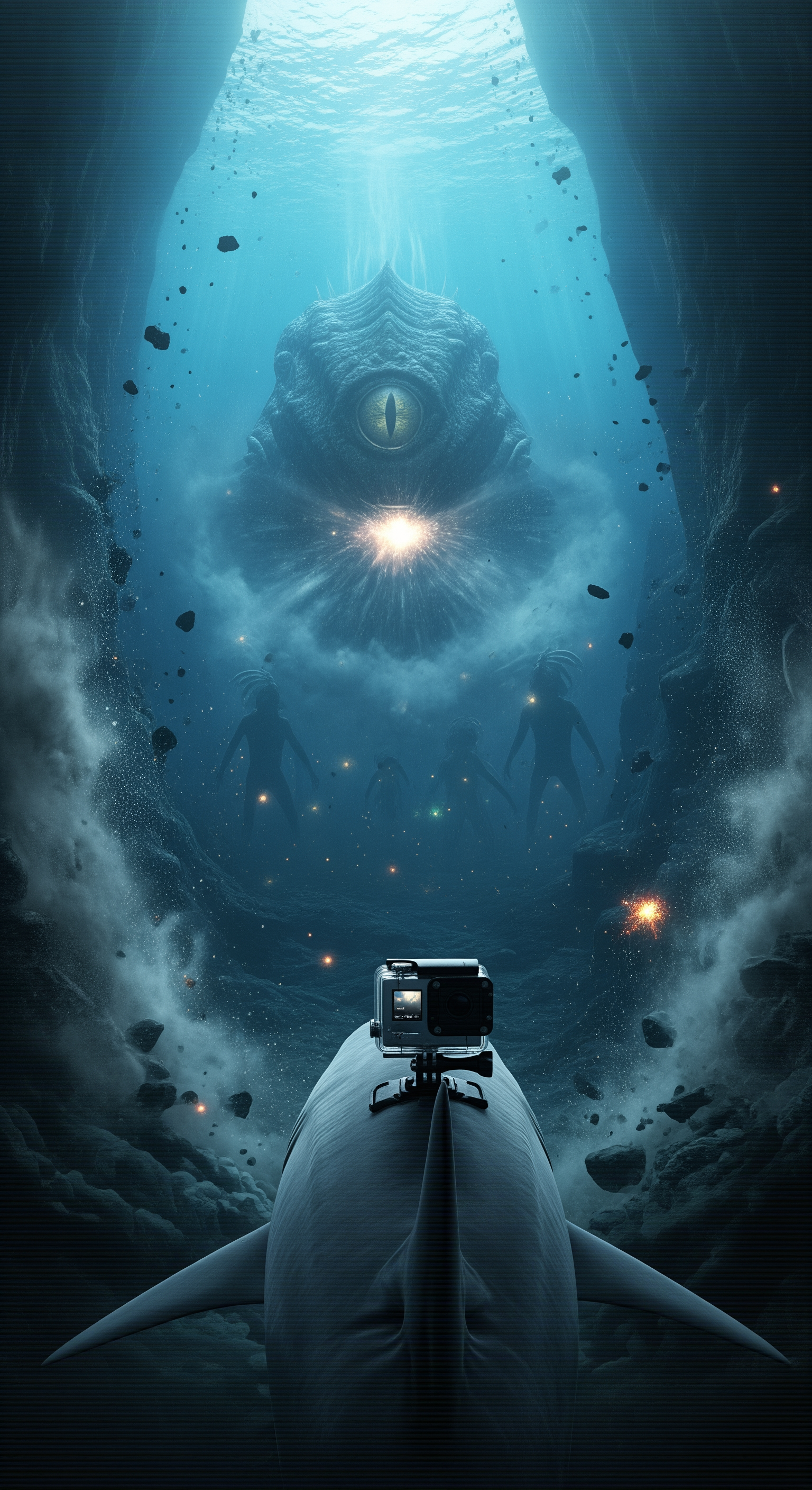 AI Design for Full shark GoPro POV, suddenly the massive entity turns toward the camera, a gigantic eye opens and locks directly onto the shark, shockwave ripples through the ocean, surrounding rocks crack apart, intense water turbulence throws the shark backward, visibility collapses into clouds of sediment, distant colossal silhouettes begin emerging from the darkness behind the first creature, mysterious glowing lights multiplying across the trench, camera feed flickering and distorting, suspenseful final seconds, cut to black just as something enormous rushes toward the lens, cinematic cliffhanger ending, ultra-realistic documentary horror atmosphere size 9.16