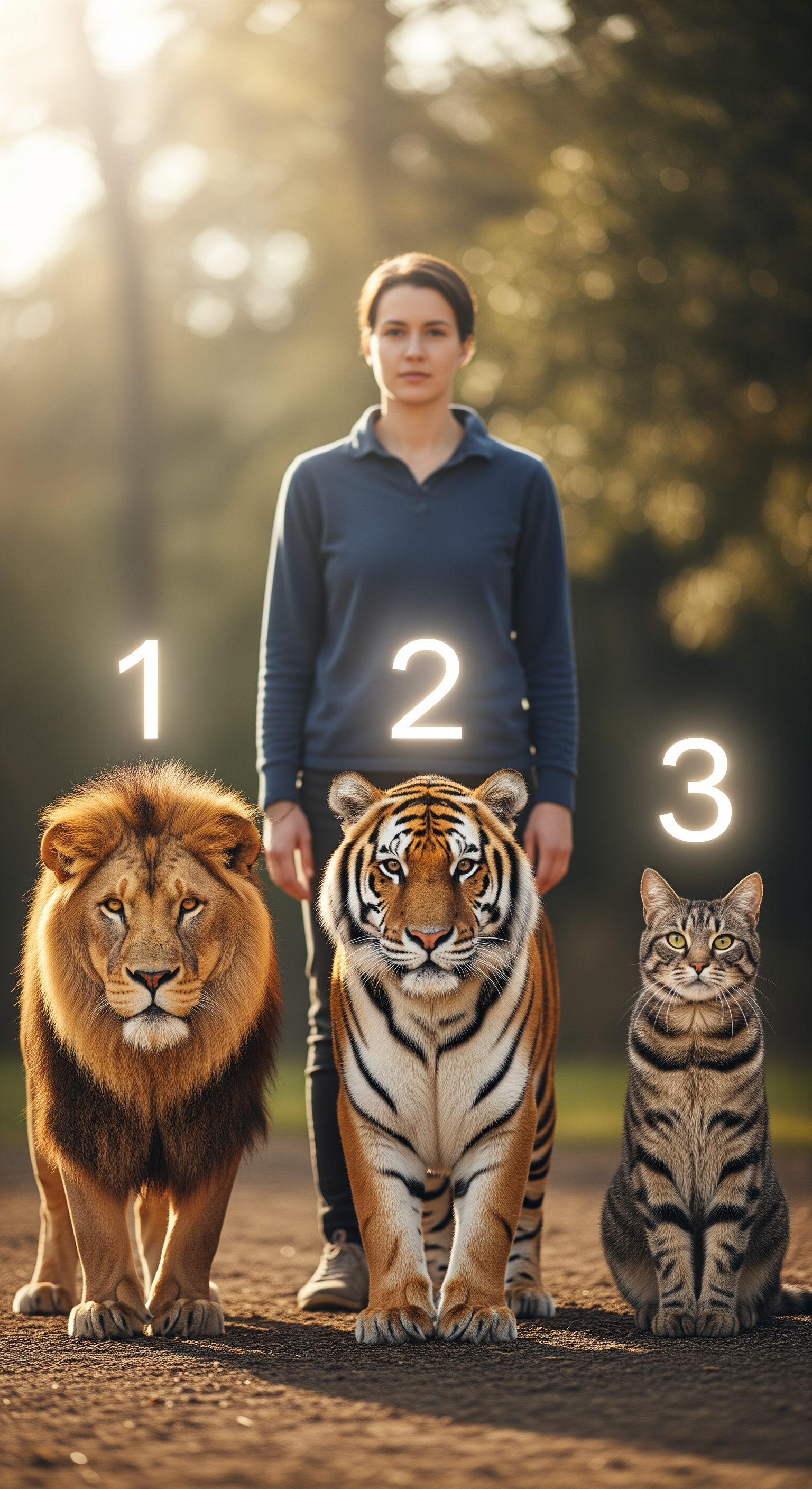 AI Design for A person is standing and in front of him there will be three different animals such as lion, tiger and cat with serial numbers one, two and three on top of the three animals and the image should be in hyper realistic 8K quality