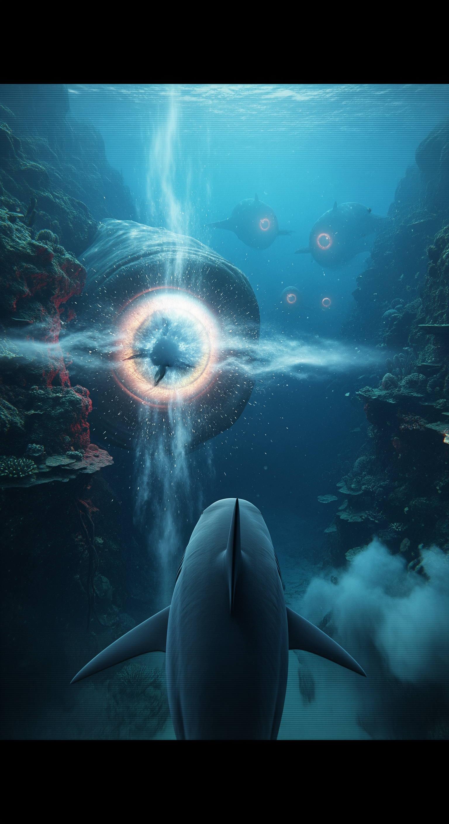 AI Design for Full shark GoPro POV, suddenly the massive entity turns toward the camera, a gigantic eye opens and locks directly onto the shark, shockwave ripples through the ocean, surrounding rocks crack apart, intense water turbulence throws the shark backward, visibility collapses into clouds of sediment, distant colossal silhouettes begin emerging from the darkness behind the first creature, mysterious glowing lights multiplying across the trench, camera feed flickering and distorting, suspenseful final seconds, cut to black just as something enormous rushes toward the lens, cinematic cliffhanger ending, ultra-realistic documentary horror atmosphere.