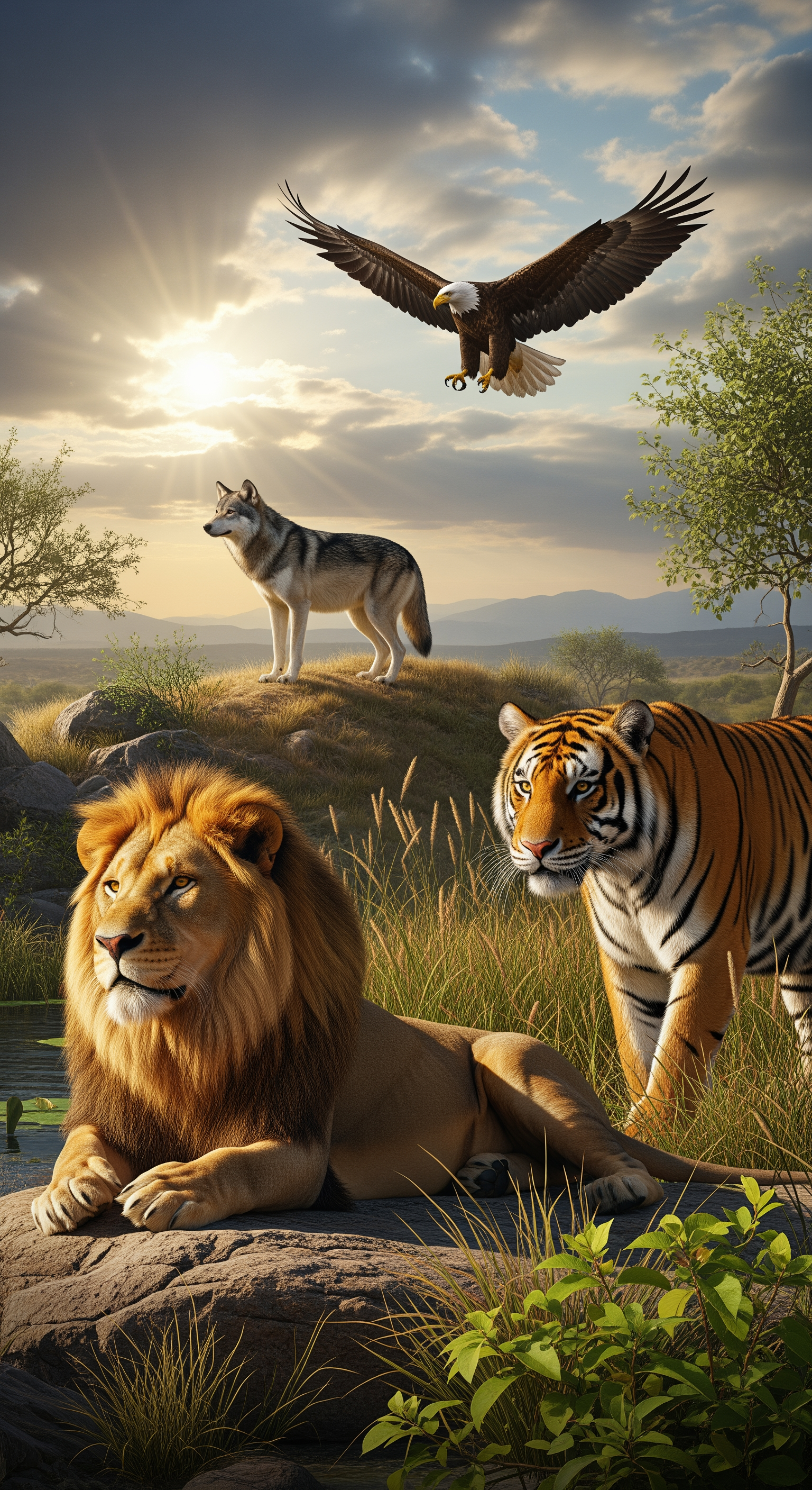 AI Design for Give 3–4 animals in a picture.

Example:

① Lion
② Tiger
③ Wolf
④ Eagle

Absolutely hyper realistic quality 8K quality 4K