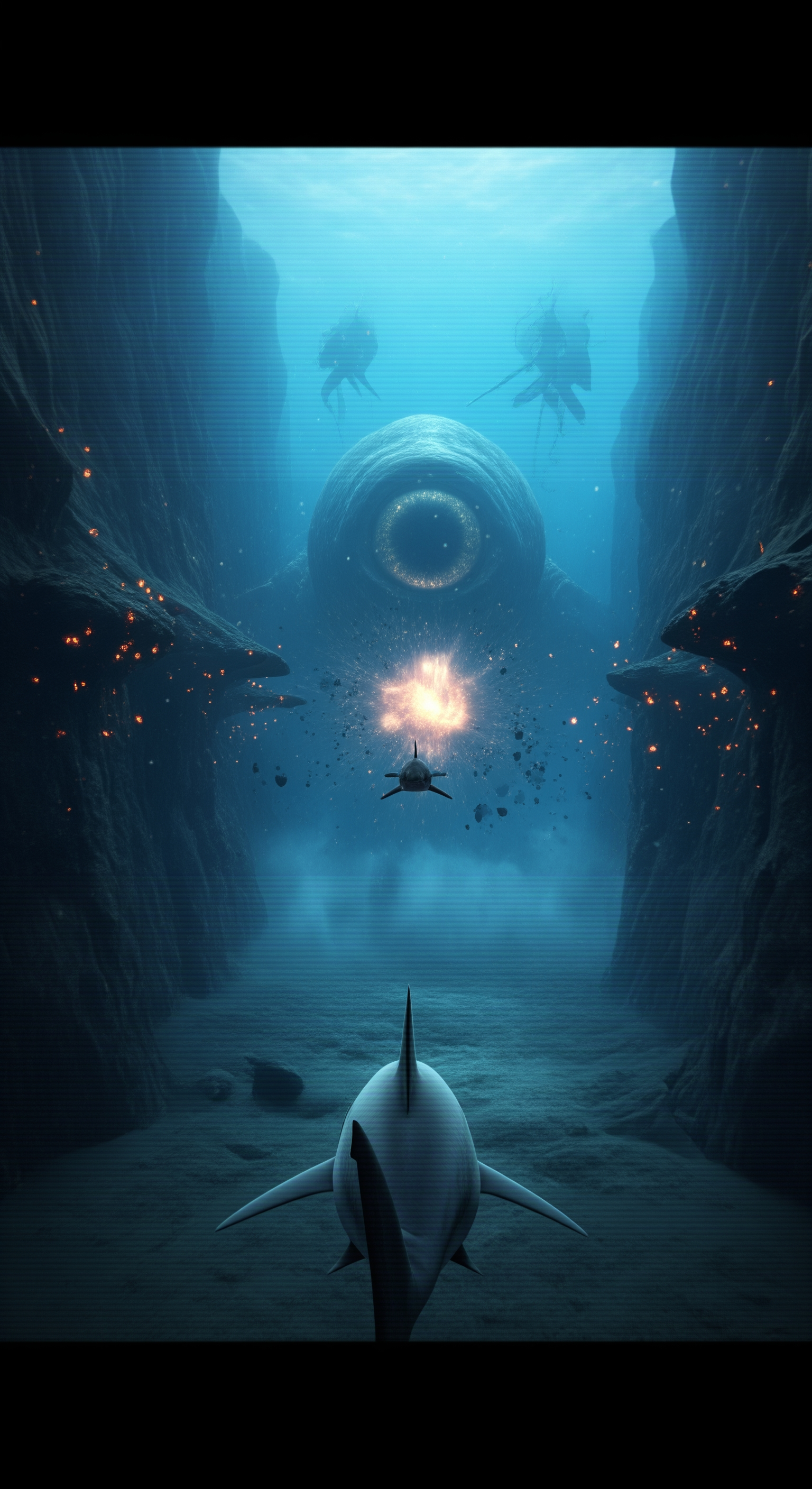 AI Design for Full shark GoPro POV, suddenly the massive entity turns toward the camera, a gigantic eye opens and locks directly onto the shark, shockwave ripples through the ocean, surrounding rocks crack apart, intense water turbulence throws the shark backward, visibility collapses into clouds of sediment, distant colossal silhouettes begin emerging from the darkness behind the first creature, mysterious glowing lights multiplying across the trench, camera feed flickering and distorting, suspenseful final seconds, cut to black just as something enormous rushes toward the lens, cinematic cliffhanger ending, ultra-realistic documentary horror atmosphere.