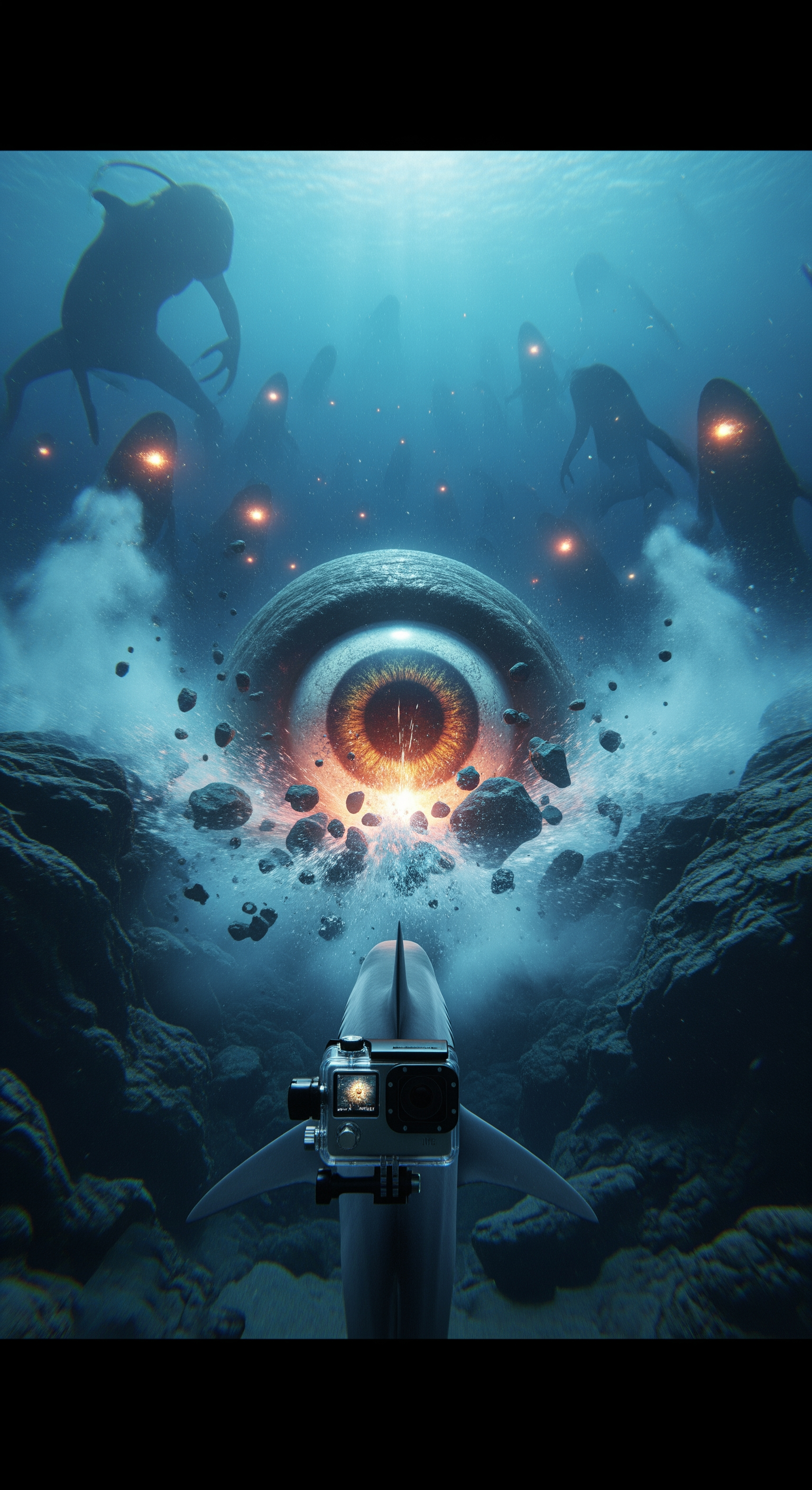 AI Design for Full shark GoPro POV, suddenly the massive entity turns toward the camera, a gigantic eye opens and locks directly onto the shark, shockwave ripples through the ocean, surrounding rocks crack apart, intense water turbulence throws the shark backward, visibility collapses into clouds of sediment, distant colossal silhouettes begin emerging from the darkness behind the first creature, mysterious glowing lights multiplying across the trench, camera feed flickering and distorting, suspenseful final seconds, cut to black just as something enormous rushes toward the lens, cinematic cliffhanger ending, ultra-realistic documentary horror atmosphere size 9.16