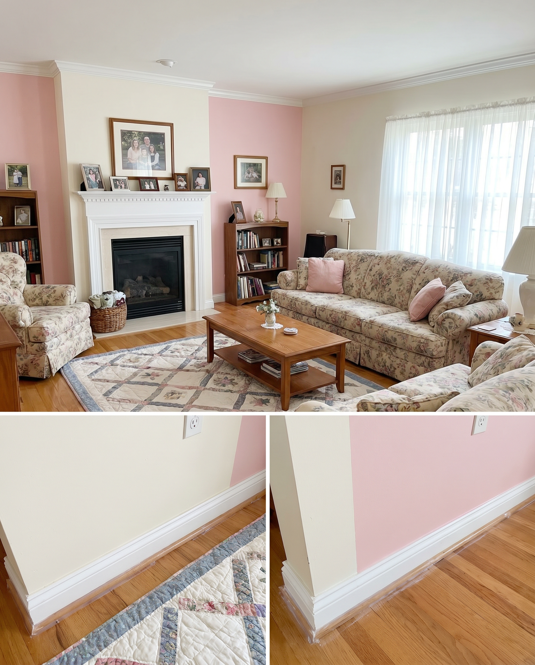 AI Design for Create a picture of a room in the American style, painted in white and pink, fully furnished and with silicone caulking underneath.