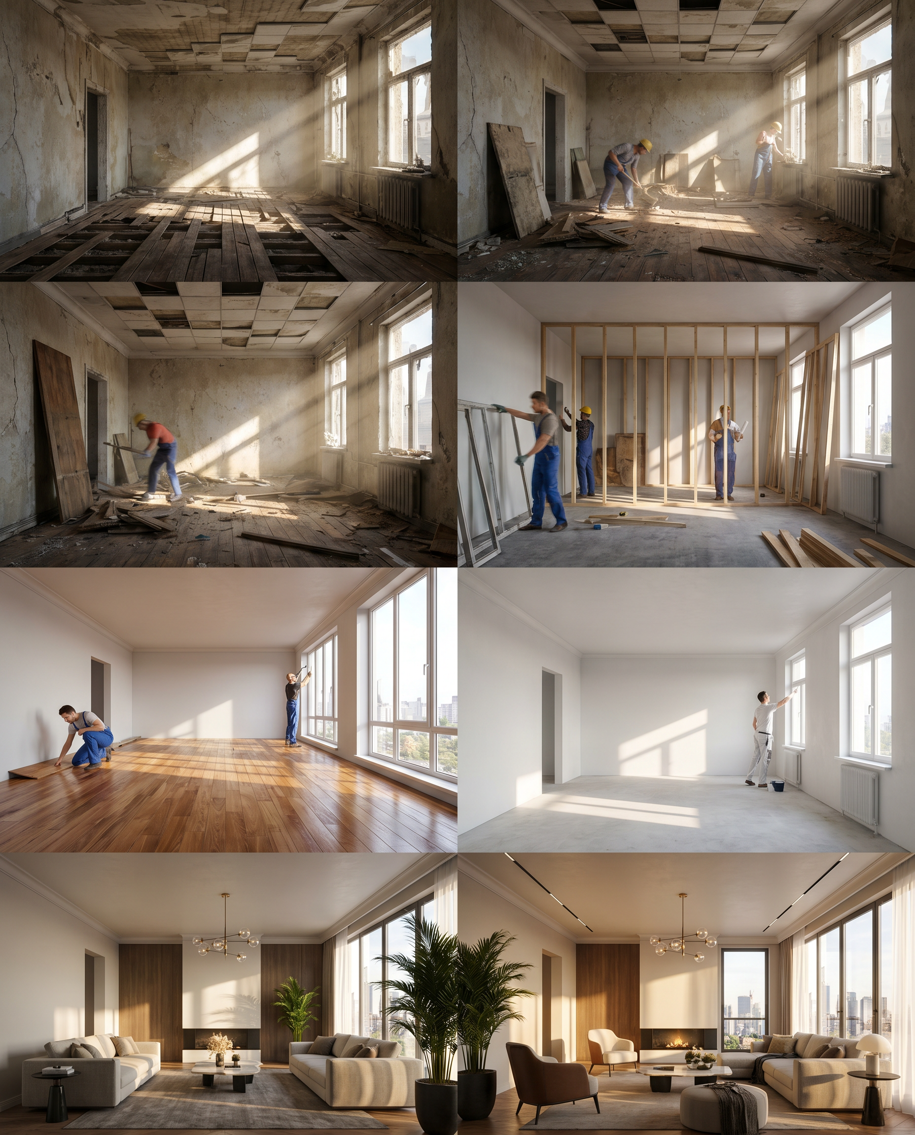 AI Design for smooth morphing transition, hyperlapse renovation, architectural visualization, realistic construction process, volumetric sunlight, cinematic camera movement, ultra photorealistic, HDR, 4K, highly detailed textures, luxury interior design, before and after transformation. An abandoned living room with collapsed wooden floors, cracked walls, peeling paint, broken ceiling panels, dust particles floating in sunlight, cobwebs in every corner. The camera slowly dollies forward. Construction workers appear in a fast-paced time-lapse sequence, removing debris, repairing floors, replacing windows, installing drywall, painting walls bright white, laying polished hardwood flooring, adding modern furniture and elegant décor. Natural sunlight gradually becomes brighter and warmer. End with a luxurious modern living room, cozy atmosphere, ultra-realistic details, cinematic lighting, smooth transitions, 4K, HDR, photorealistic, professional real-estate showcase.