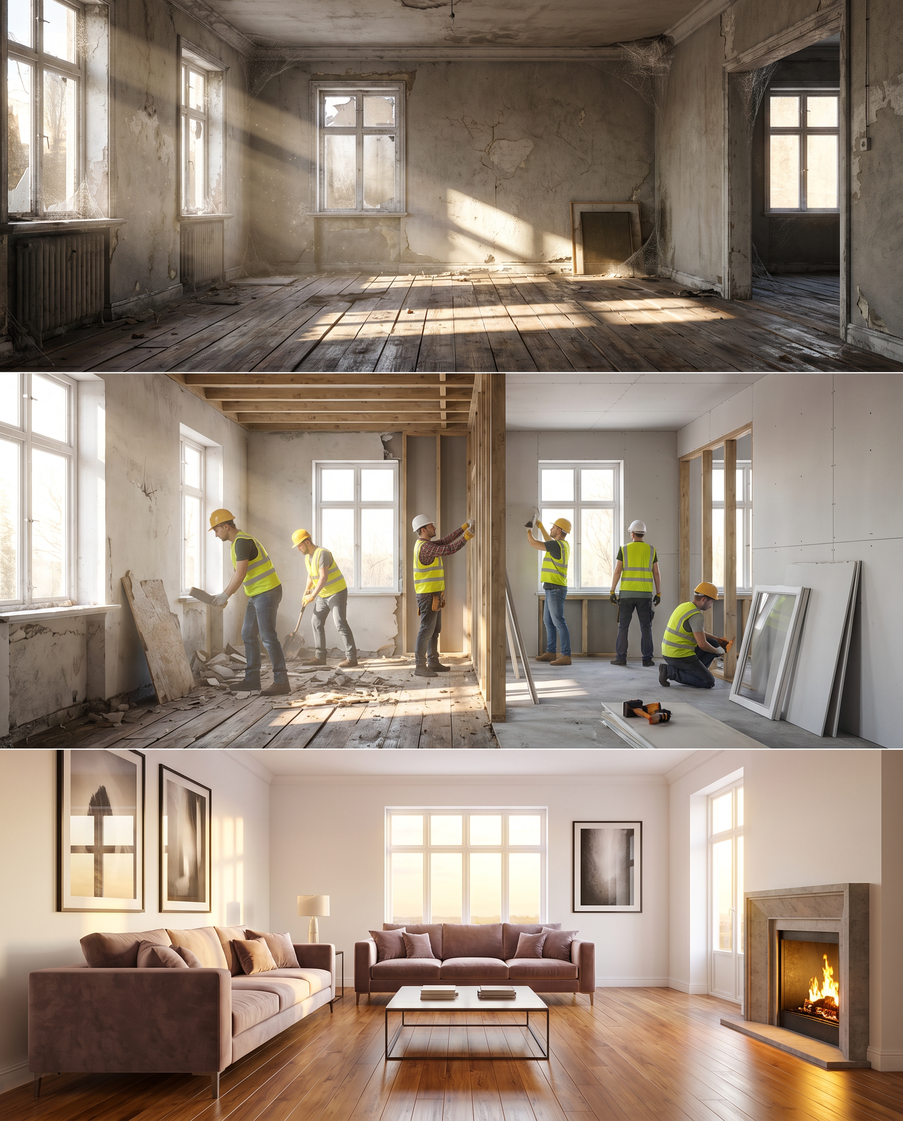 AI Design for smooth morphing transition, hyperlapse renovation, architectural visualization, realistic construction process, volumetric sunlight, cinematic camera movement, ultra photorealistic, HDR, 4K, highly detailed textures, luxury interior design, before and after transformation. An abandoned living room with collapsed wooden floors, cracked walls, peeling paint, broken ceiling panels, dust particles floating in sunlight, cobwebs in every corner. The camera slowly dollies forward. Construction workers appear in a fast-paced time-lapse sequence, removing debris, repairing floors, replacing windows, installing drywall, painting walls bright white, laying polished hardwood flooring, adding modern furniture and elegant décor. Natural sunlight gradually becomes brighter and warmer. End with a luxurious modern living room, cozy atmosphere, ultra-realistic details, cinematic lighting, smooth transitions, 4K, HDR, photorealistic, professional real-estate showcase.