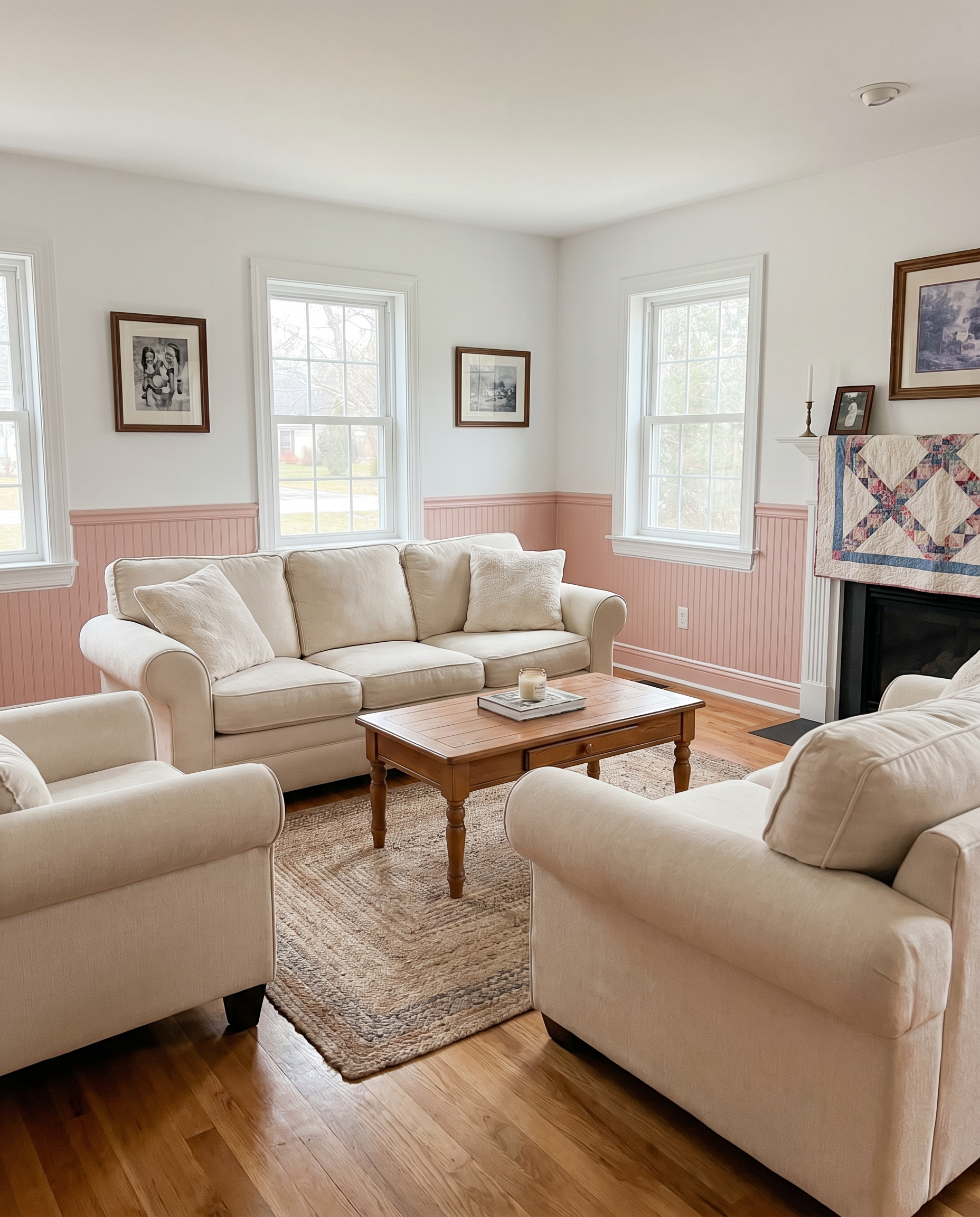 AI Design for Create a picture of a room in the American style, painted in white and pink, fully furnished and with silicone caulking underneath.