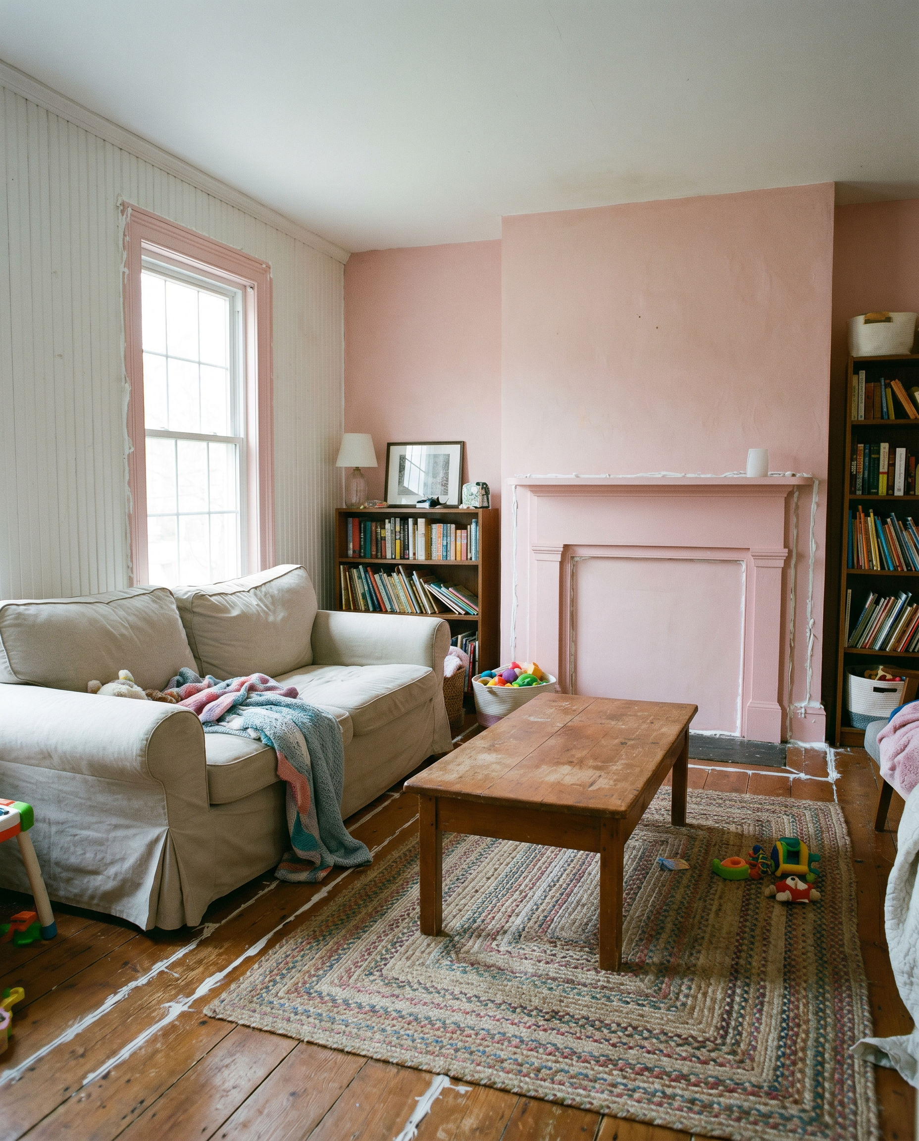 AI Design for Create a picture of a room in the American style, painted in white and pink, fully furnished and with silicone caulking underneath.