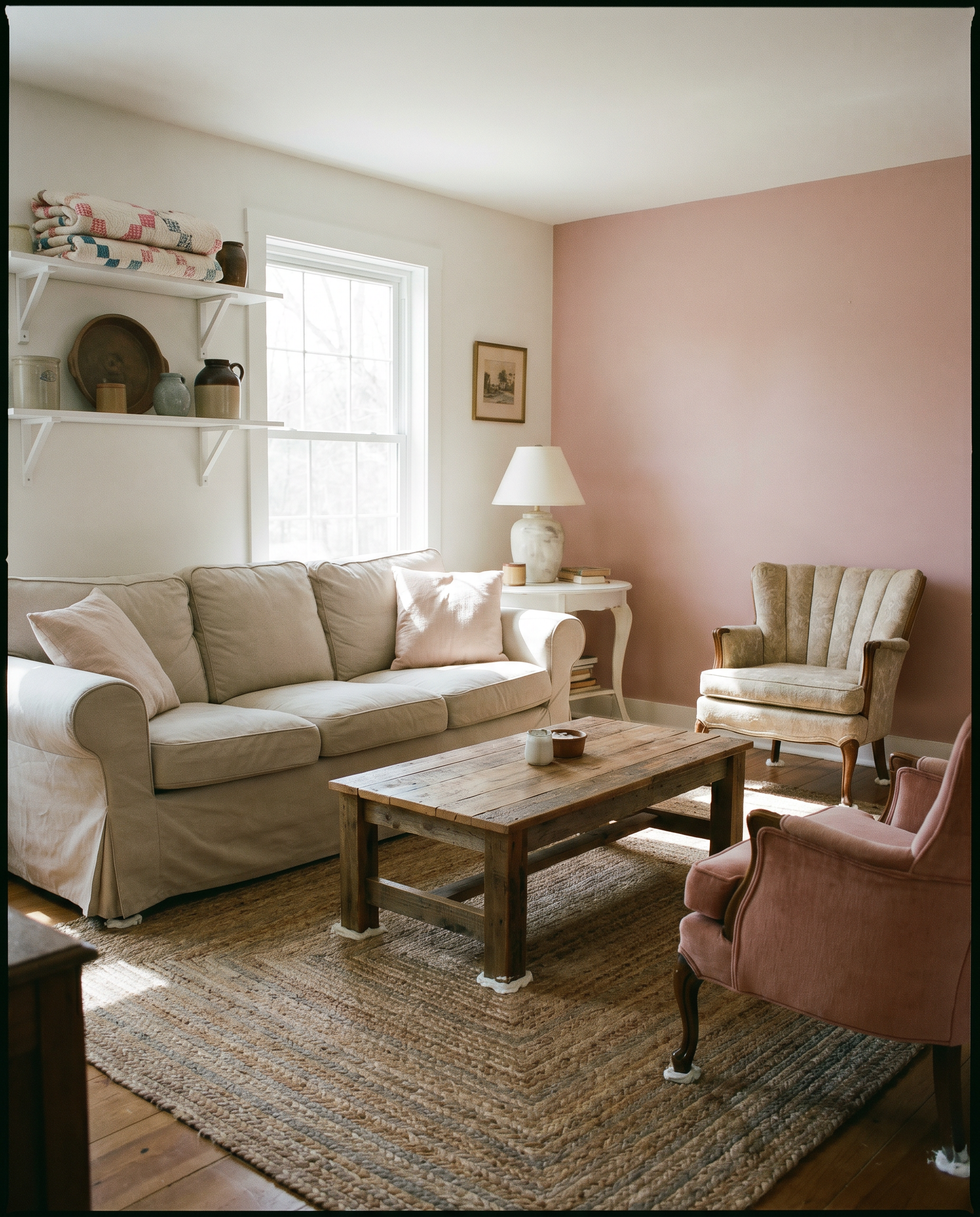 AI Design for Create a picture of a room in the American style, painted in white and pink, fully furnished and with silicone caulking underneath.