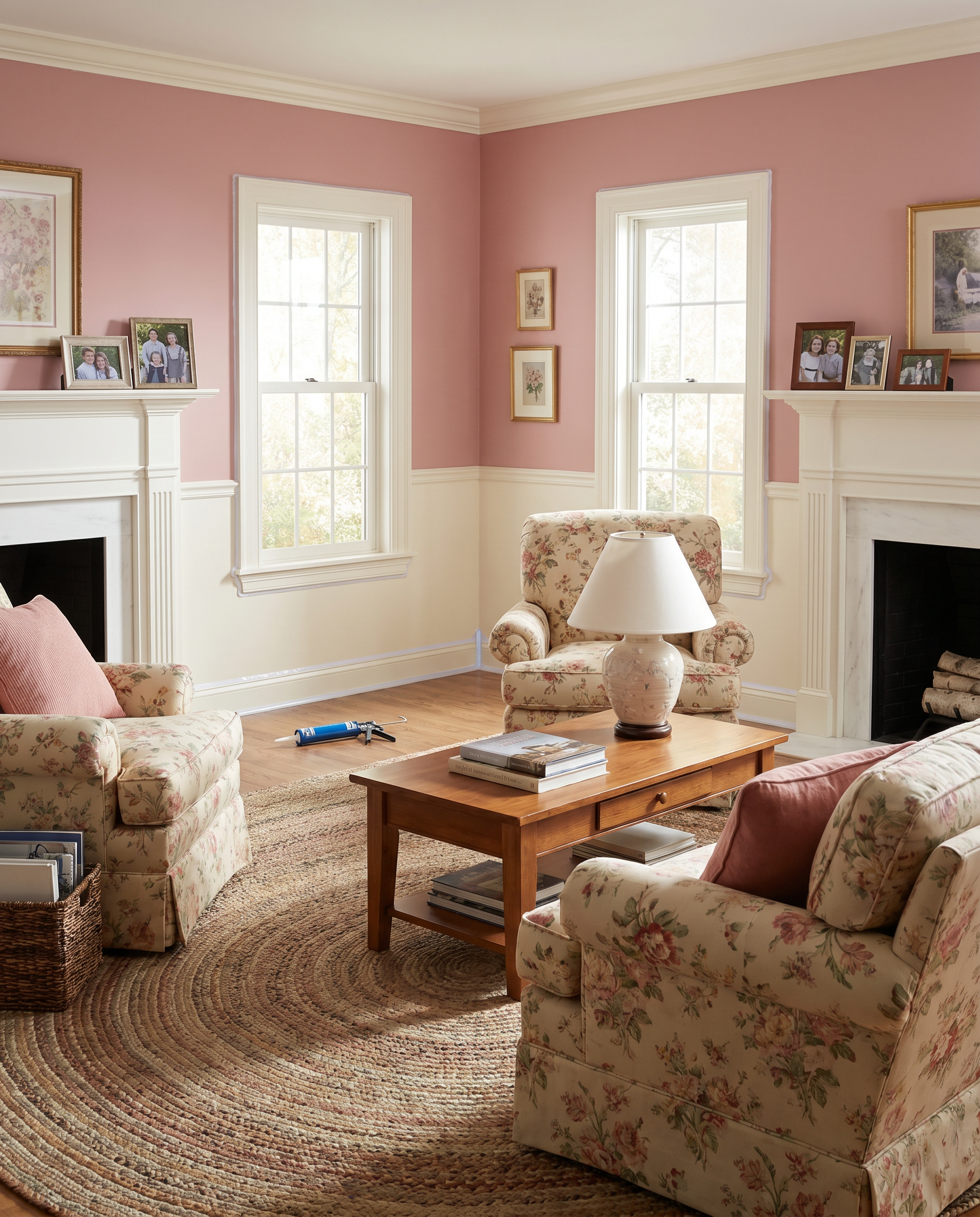 AI Design for Create a picture of a room in the American style, painted in white and pink, fully furnished and with silicone caulking underneath.