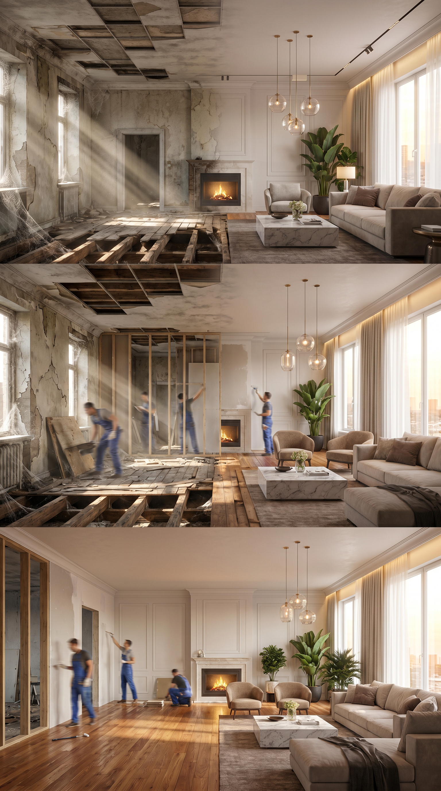 AI Design for smooth morphing transition, hyperlapse renovation, architectural visualization, realistic construction process, volumetric sunlight, cinematic camera movement, ultra photorealistic, HDR, 4K, highly detailed textures, luxury interior design, before and after transformation. An abandoned living room with collapsed wooden floors, cracked walls, peeling paint, broken ceiling panels, dust particles floating in sunlight, cobwebs in every corner. The camera slowly dollies forward. Construction workers appear in a fast-paced time-lapse sequence, removing debris, repairing floors, replacing windows, installing drywall, painting walls bright white, laying polished hardwood flooring, adding modern furniture and elegant décor. Natural sunlight gradually becomes brighter and warmer. End with a luxurious modern living room, cozy atmosphere, ultra-realistic details, cinematic lighting, smooth transitions, 4K, HDR, photorealistic, professional real-estate showcase. I need single camera view