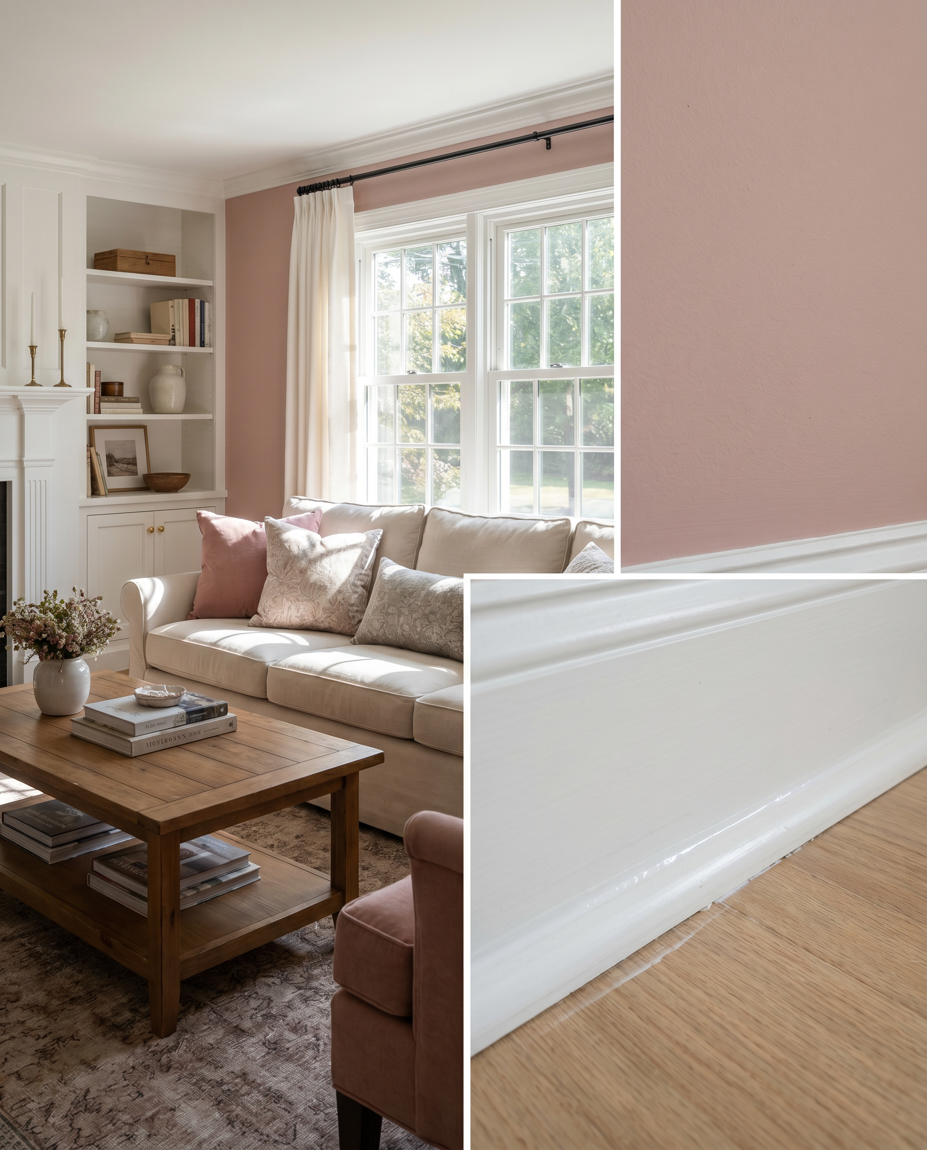AI Design for Create a picture of a room in the American style, painted in white and pink, fully furnished and with silicone caulking underneath.